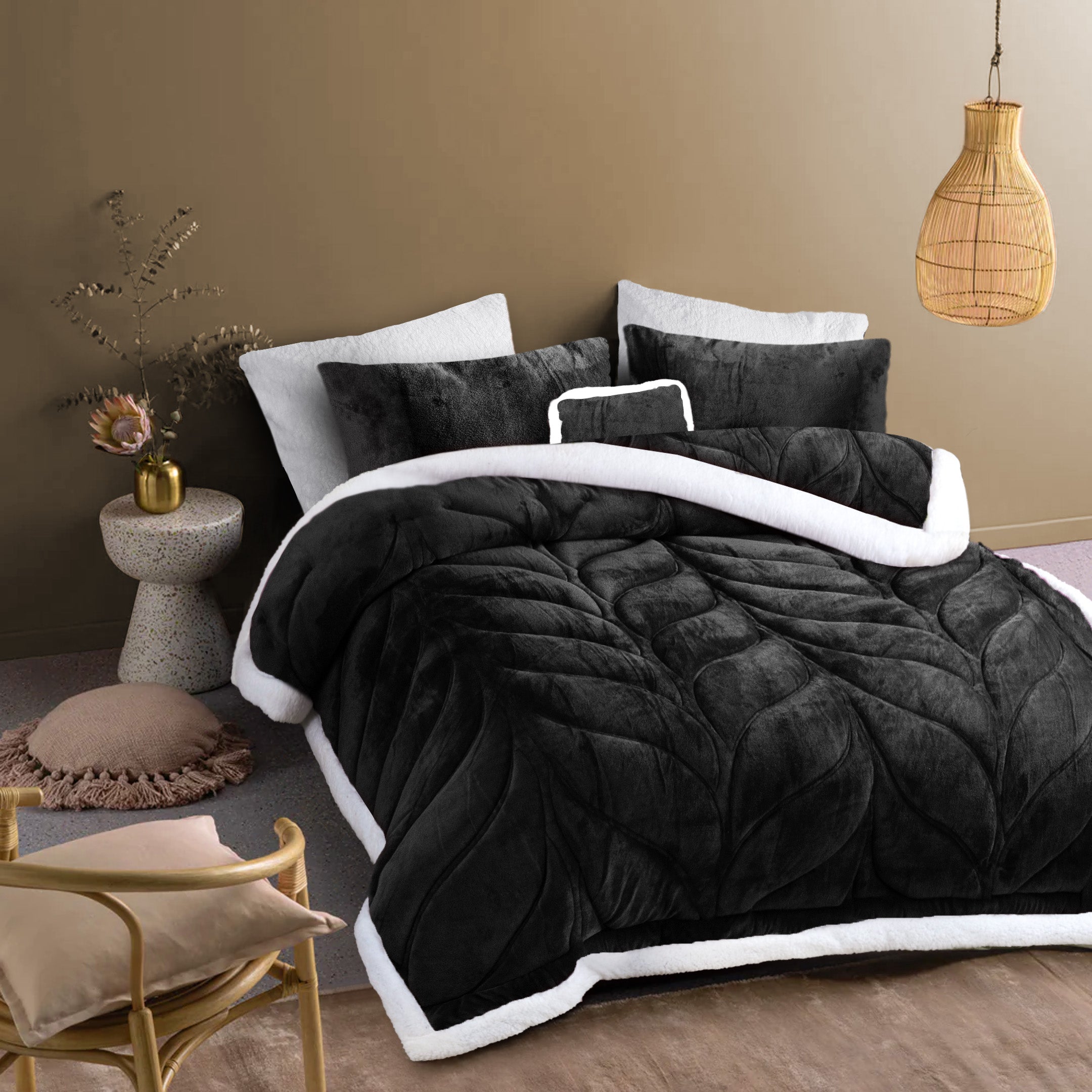 Heavy Weighted Plain Fleece & Sherpa 7pcs Bedding Set-Jet Black