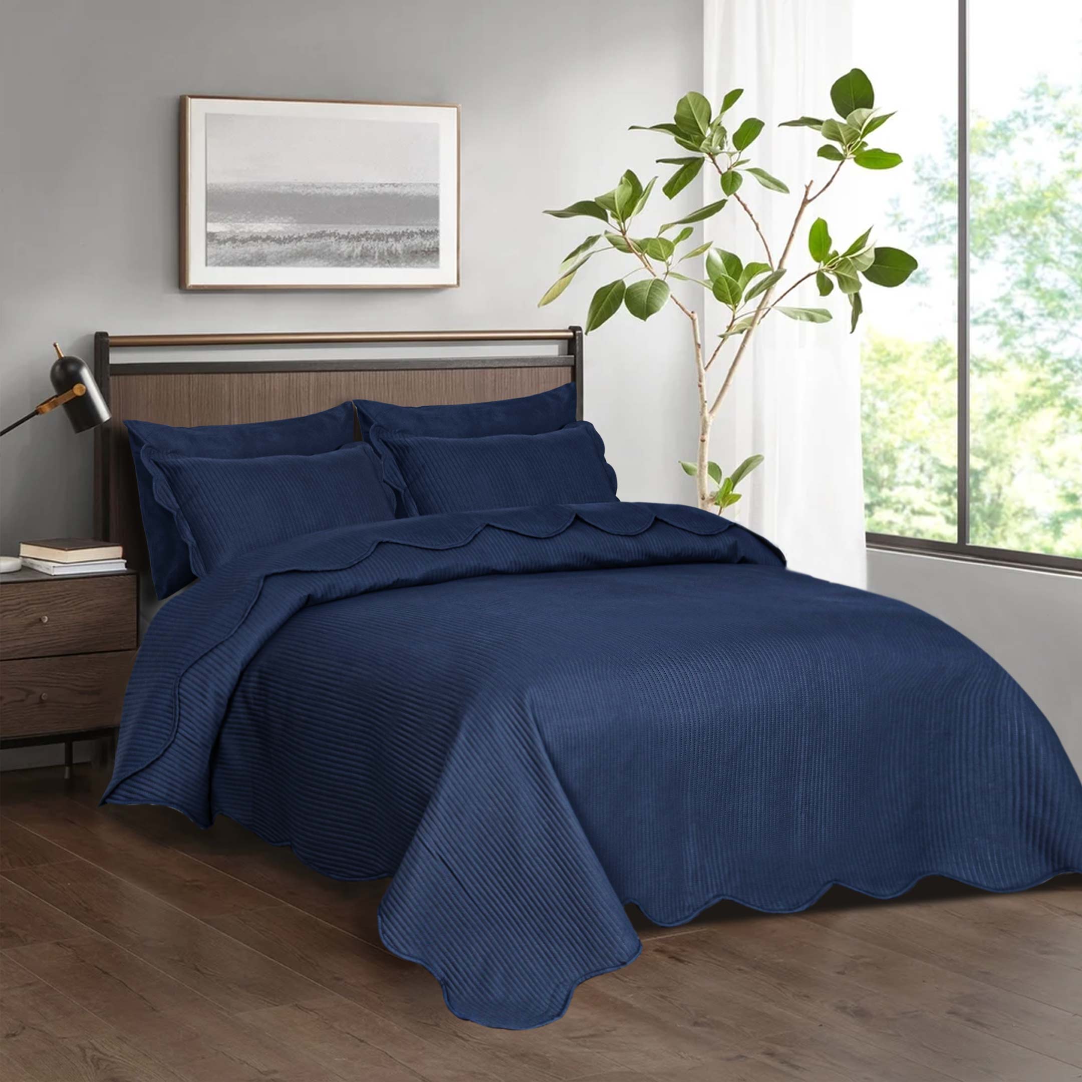 Line Embossed Ultrasonic Quilted Bedspread 6 pcs Set Navy
