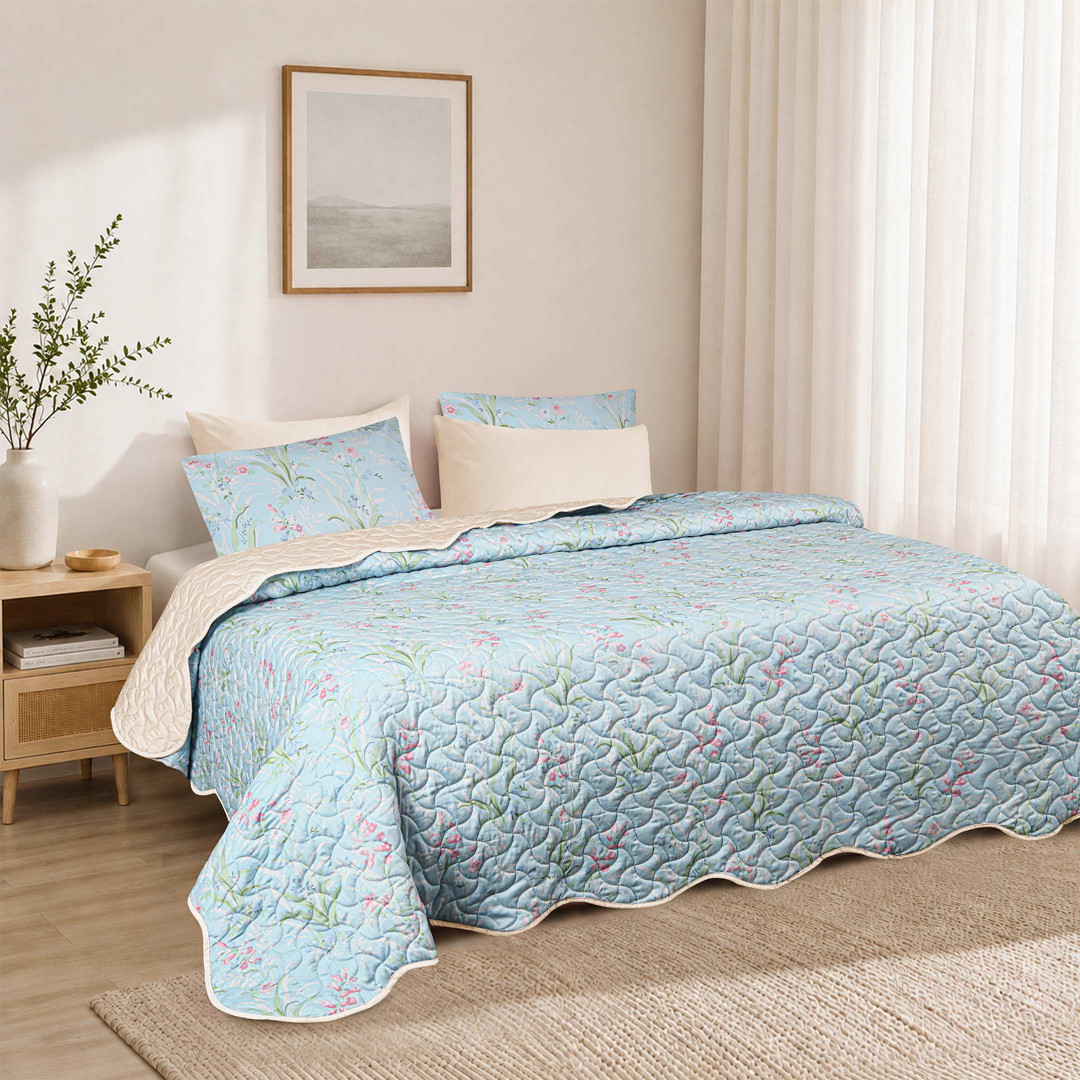 Blue Blossom Quilted Summer Bedspread 3PCS Set