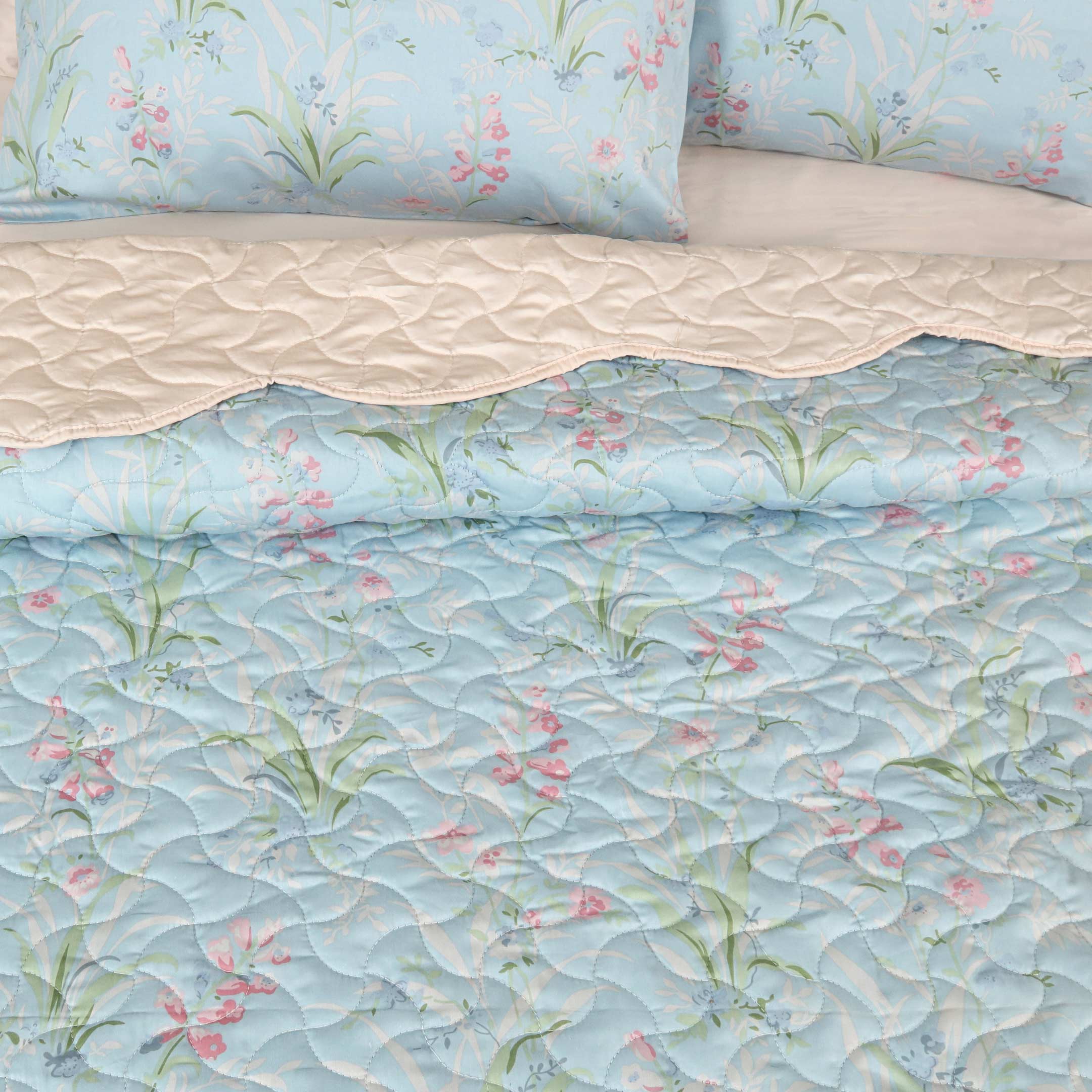 Blue Blossom Quilted Summer Bedspread 3PCS Set