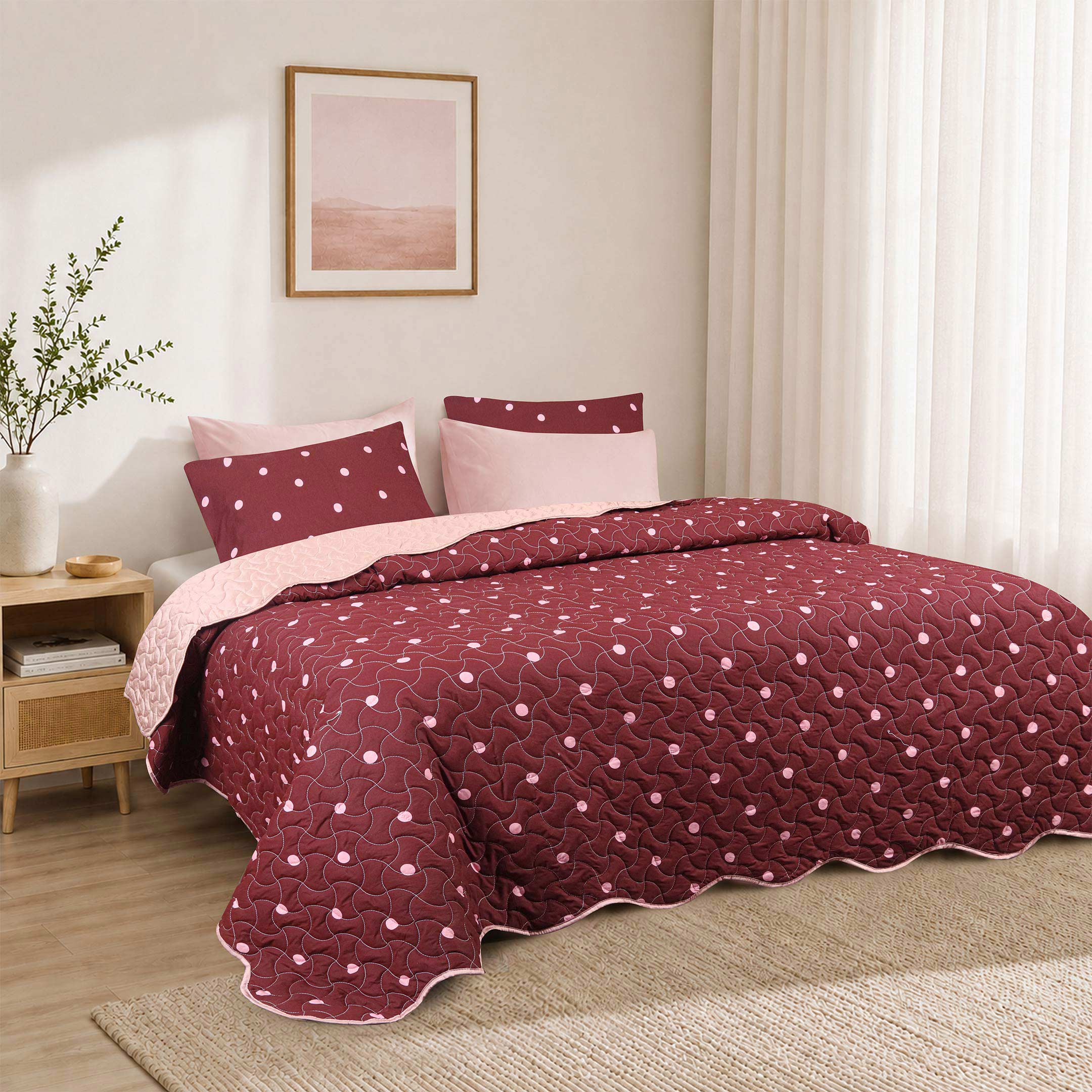 Blush Polka Quilted Summer Bedspread 3PCS Set