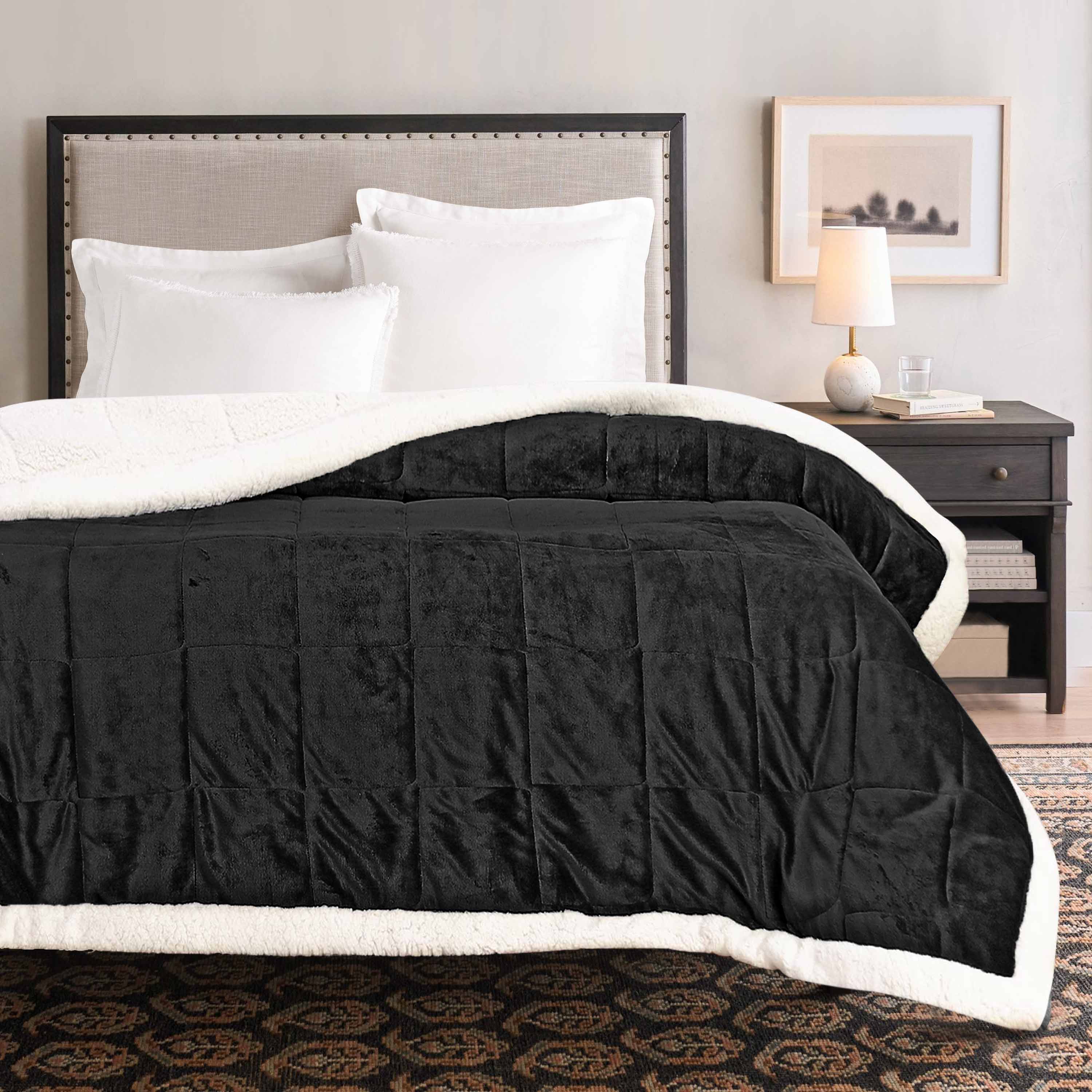 Box Quilted Weighted Sherpa Blanket Black