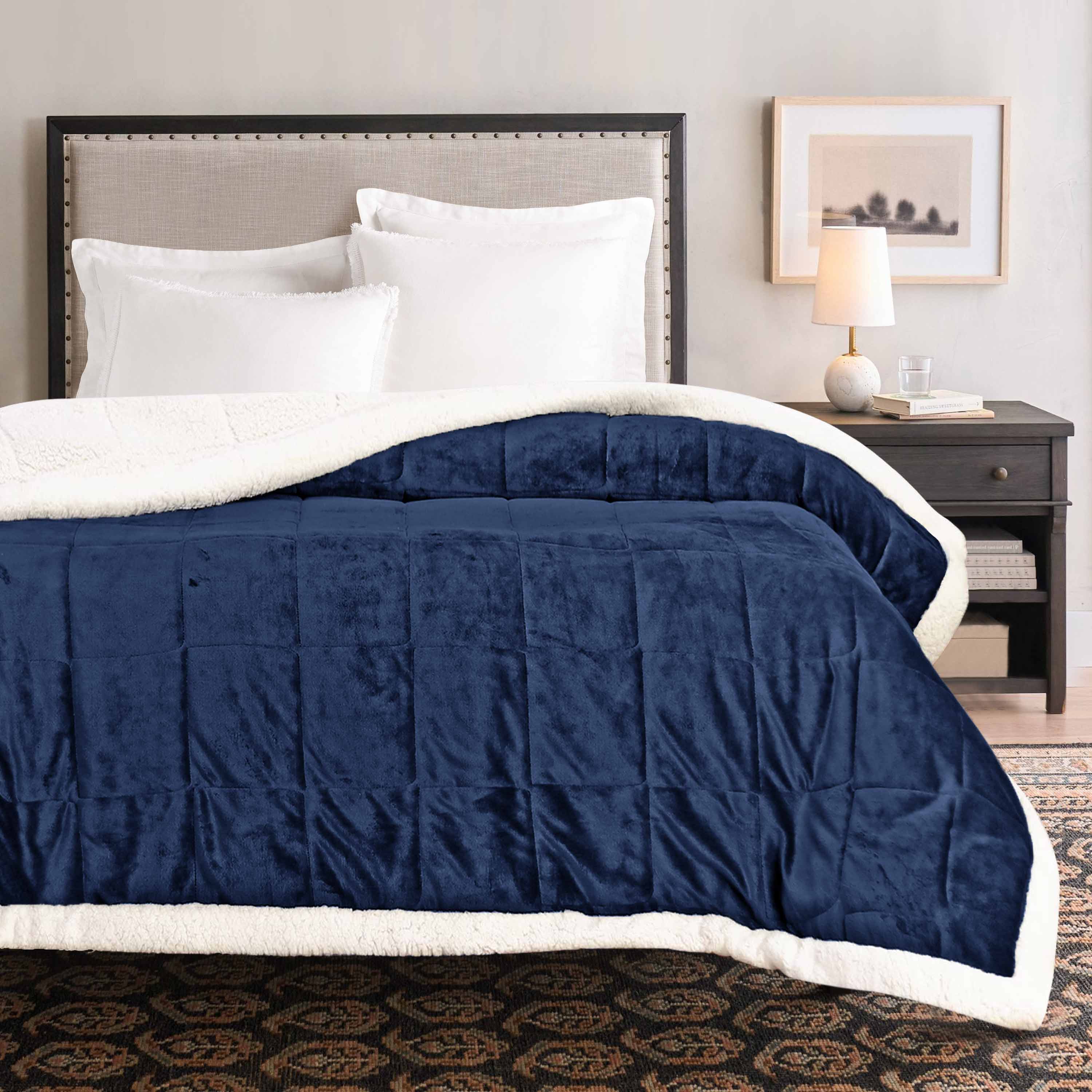 Box Quilted Weighted Sherpa Blanket Navy