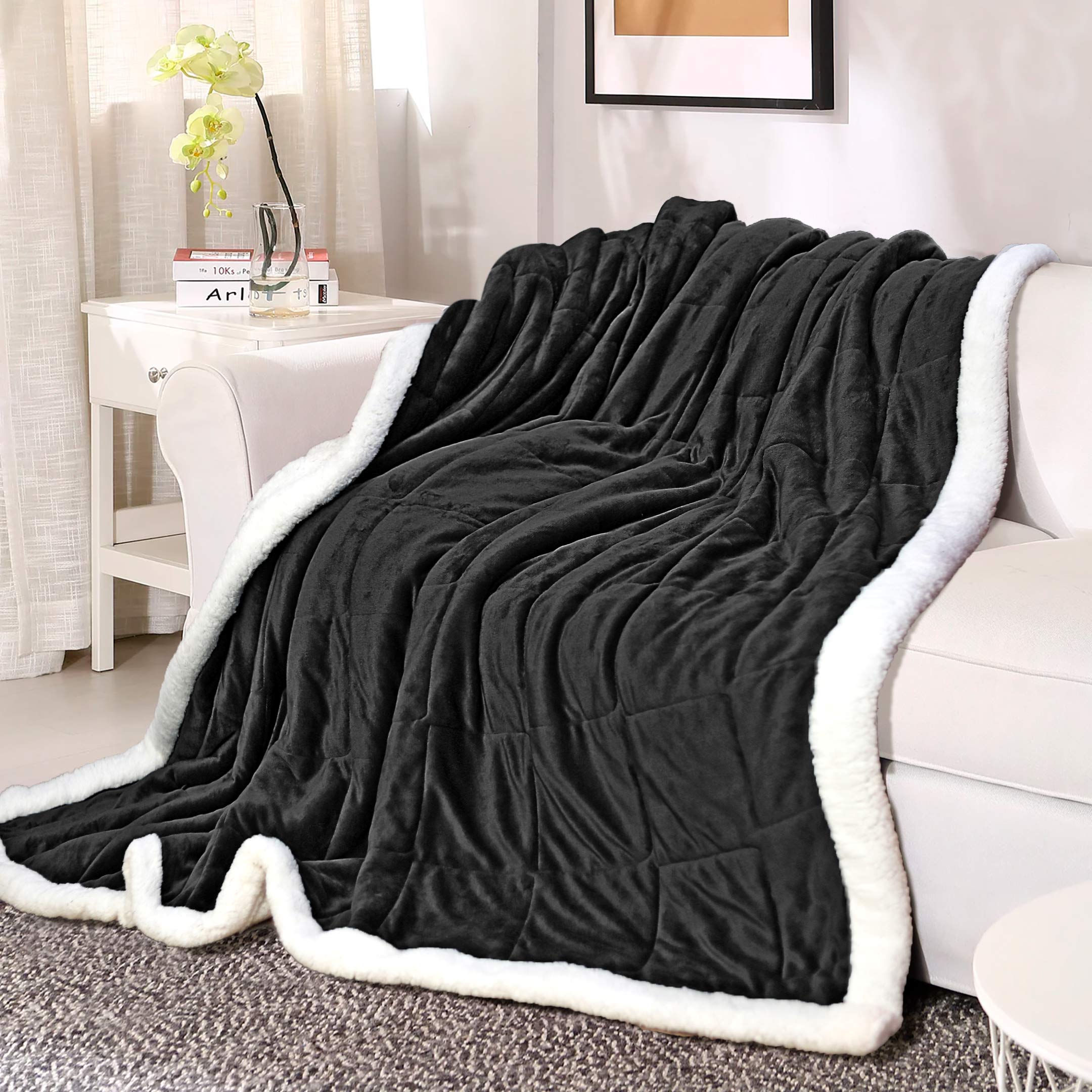 Box Quilted Weighted Sherpa Blanket Black