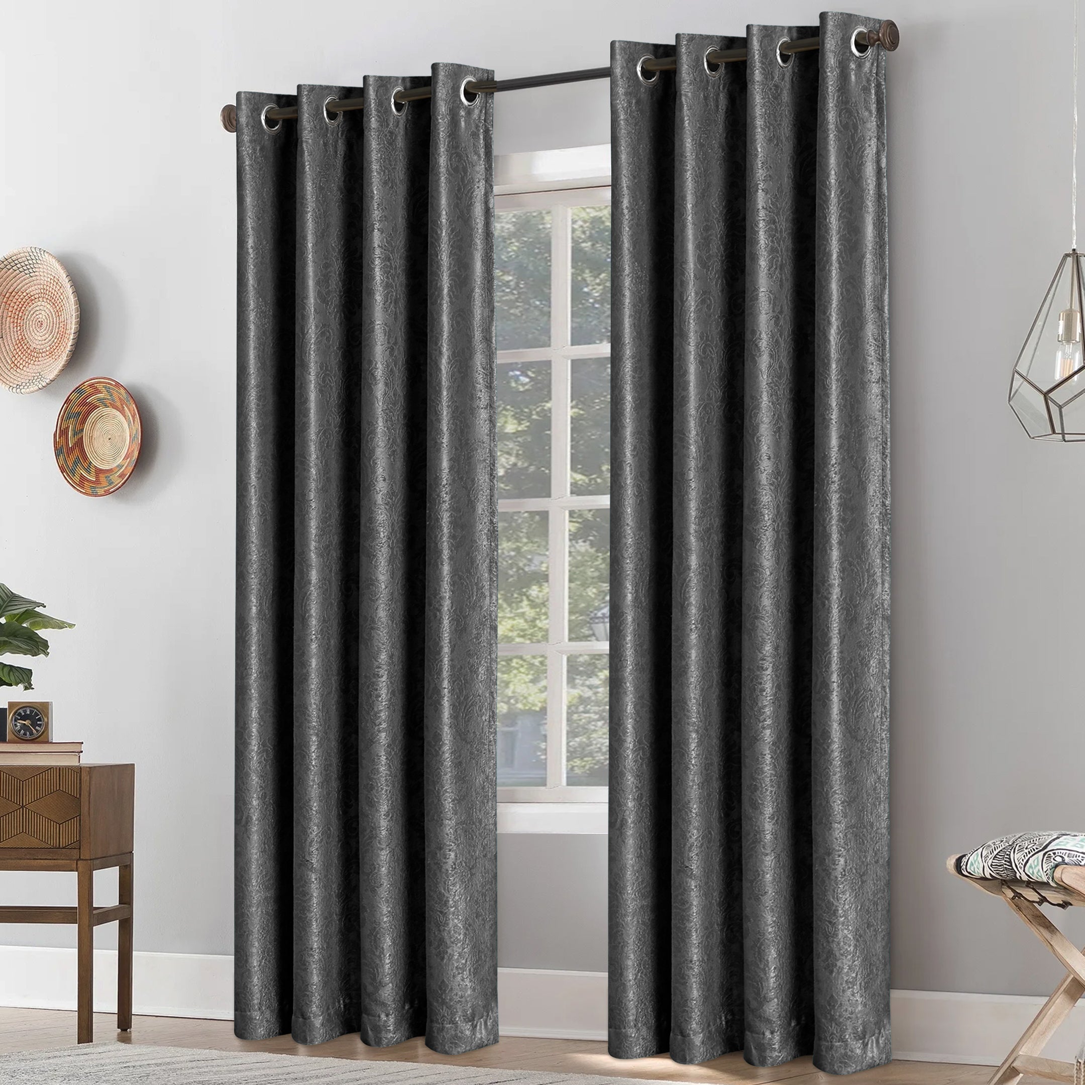 Grommet Blackout Weave Embossed Jacquard Curtain Charcoal