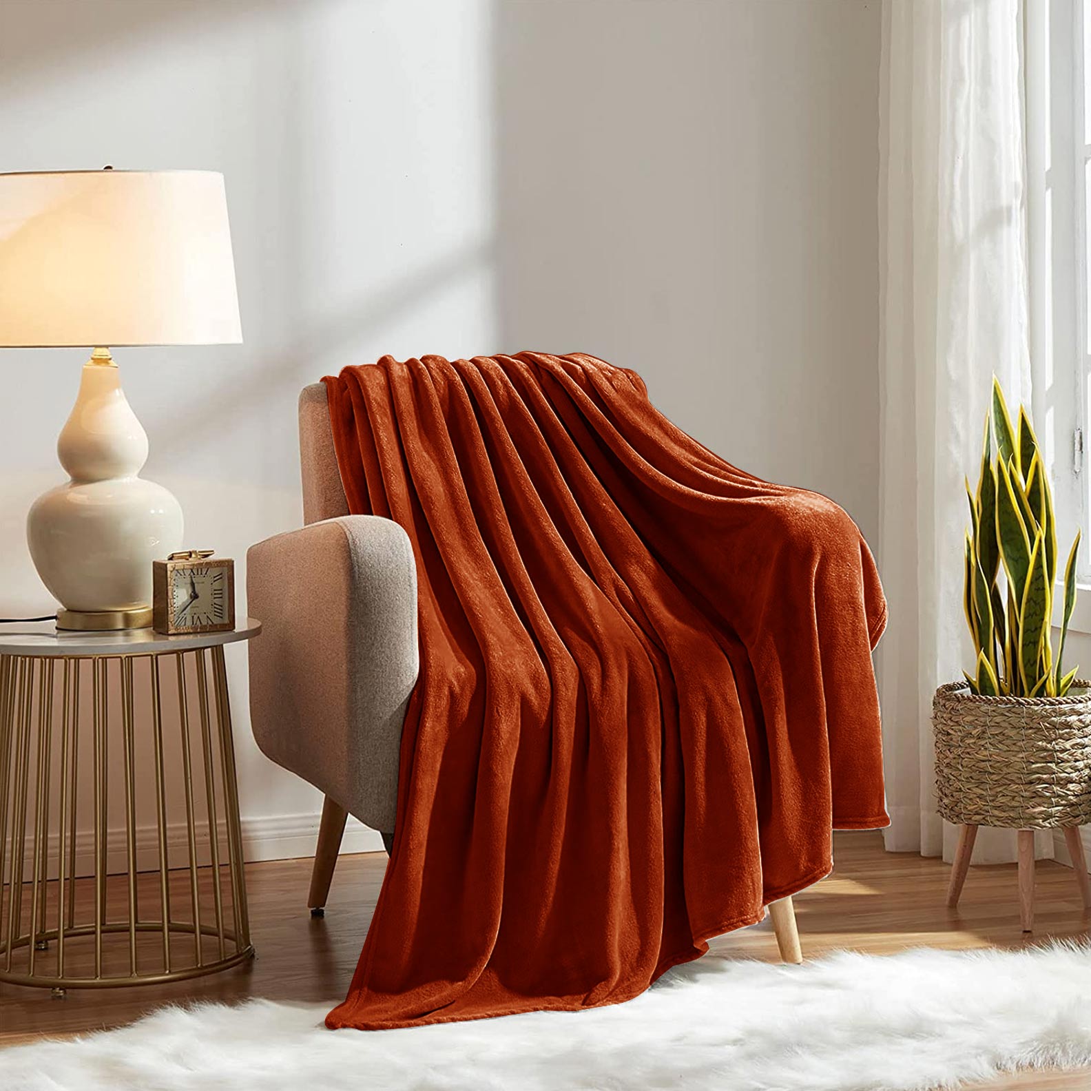 Fluffy Mink Fleece Throw Blanket- Rust