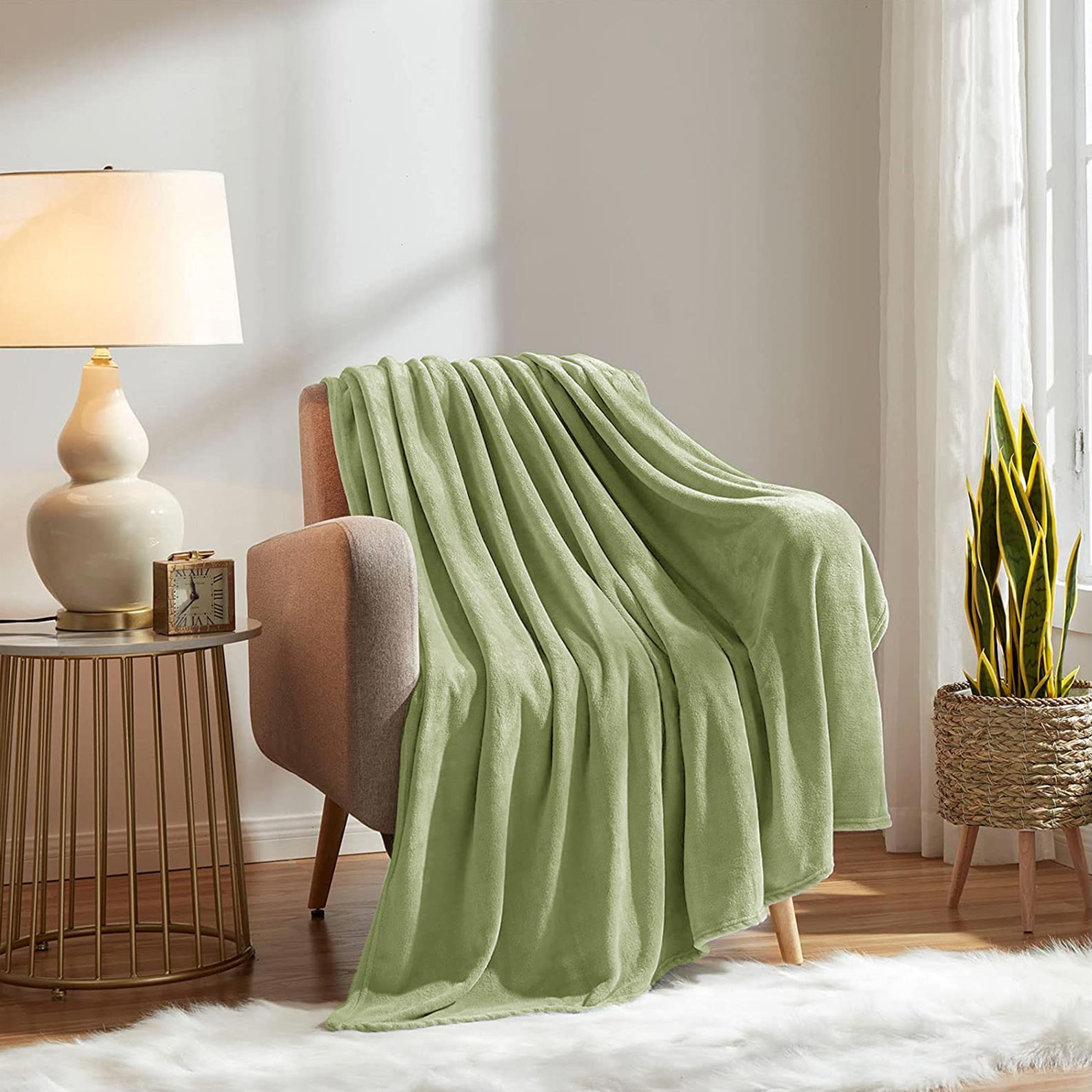 Fluffy Mink Fleece Throw Blanket- Sage Green