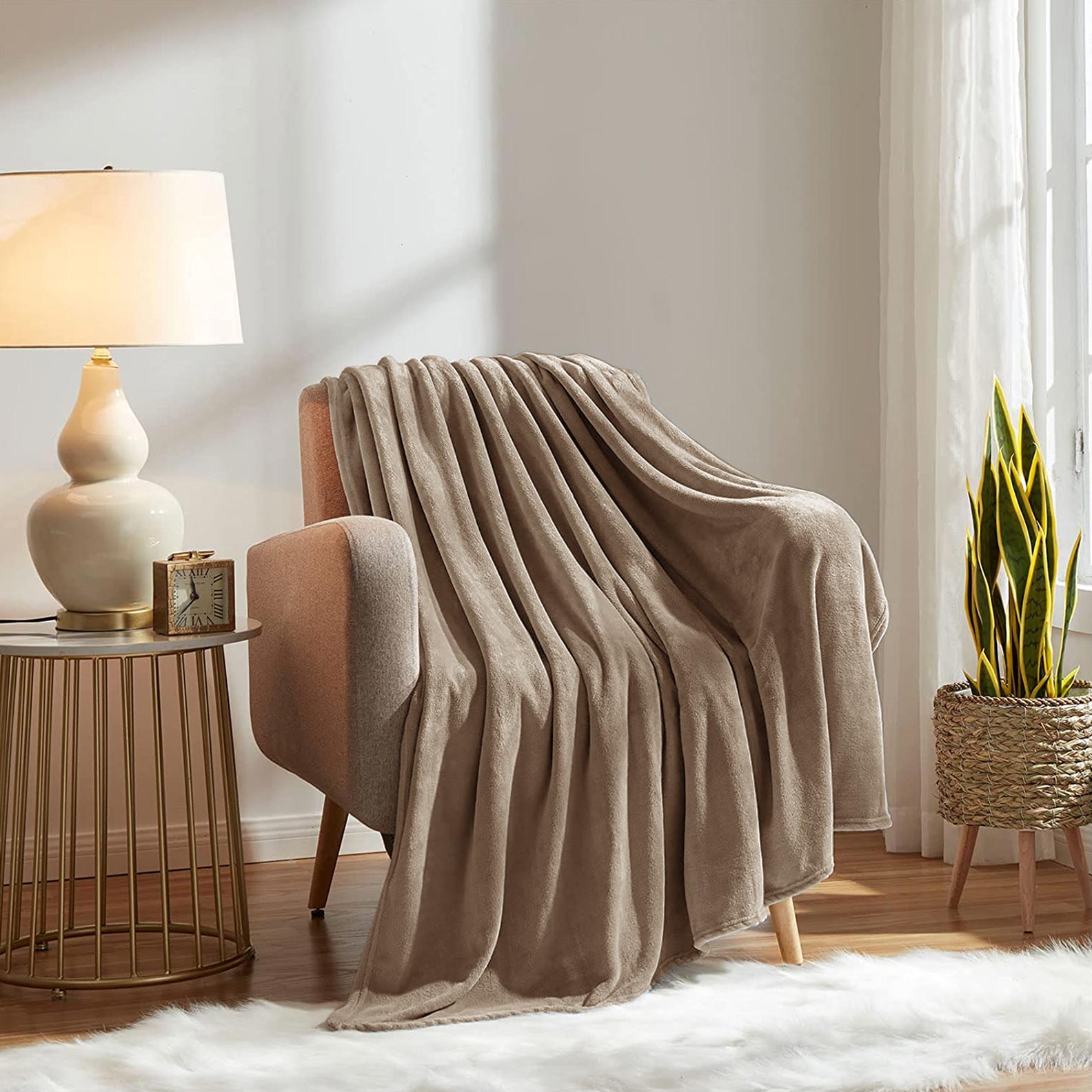 Fluffy Mink Fleece Throw Blanket- Sand