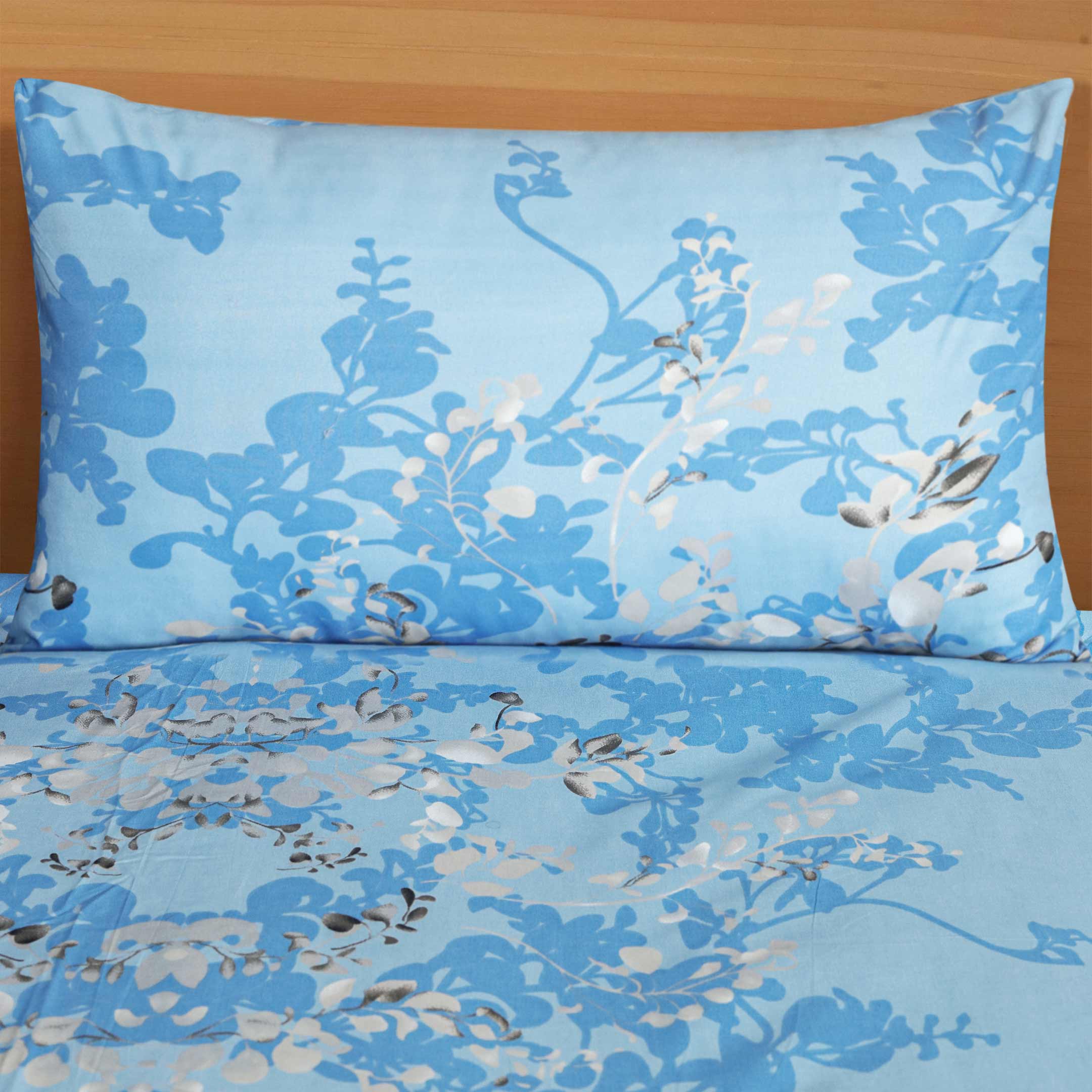 Floral Blue Microfiber Flat Sheet Set- 3 Pcs