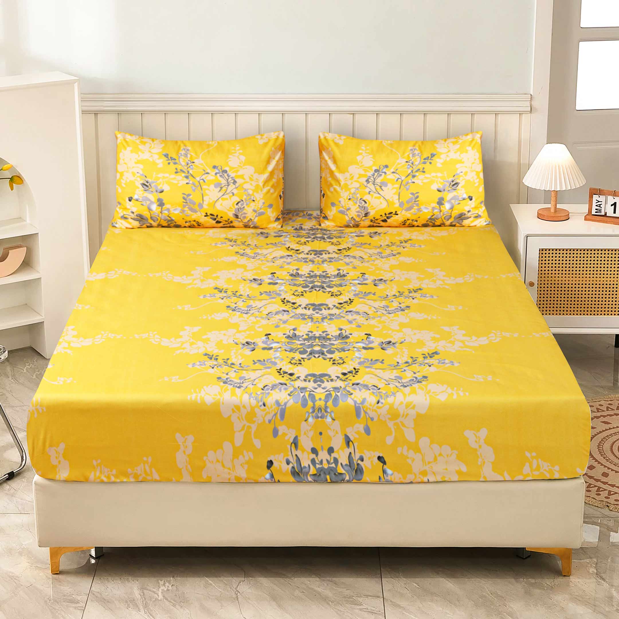 Floral Lorenza 3-Pcs Yellow Microfiber Flat Sheet Set