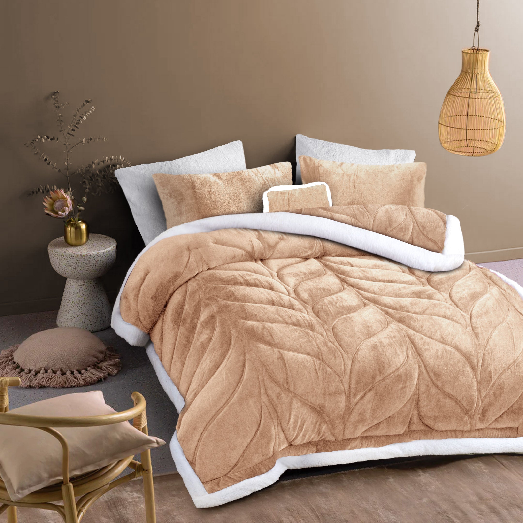 Heavy Weighted Plain Fleece & Sherpa 7pcs Bedding Set-Iced Latte