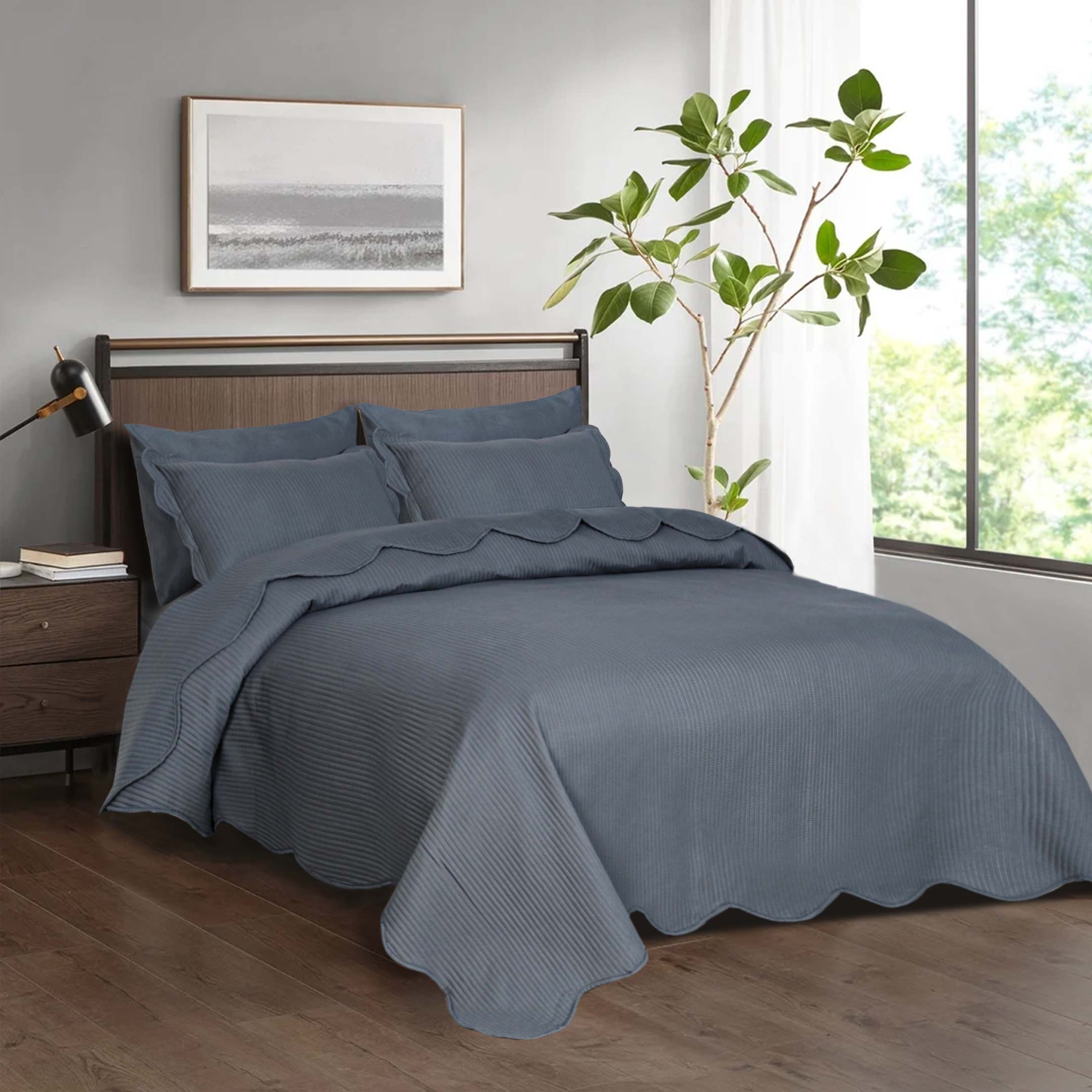 Line Embossed Ultrasonic Quilted Bedspread 6 pcs Set Grey