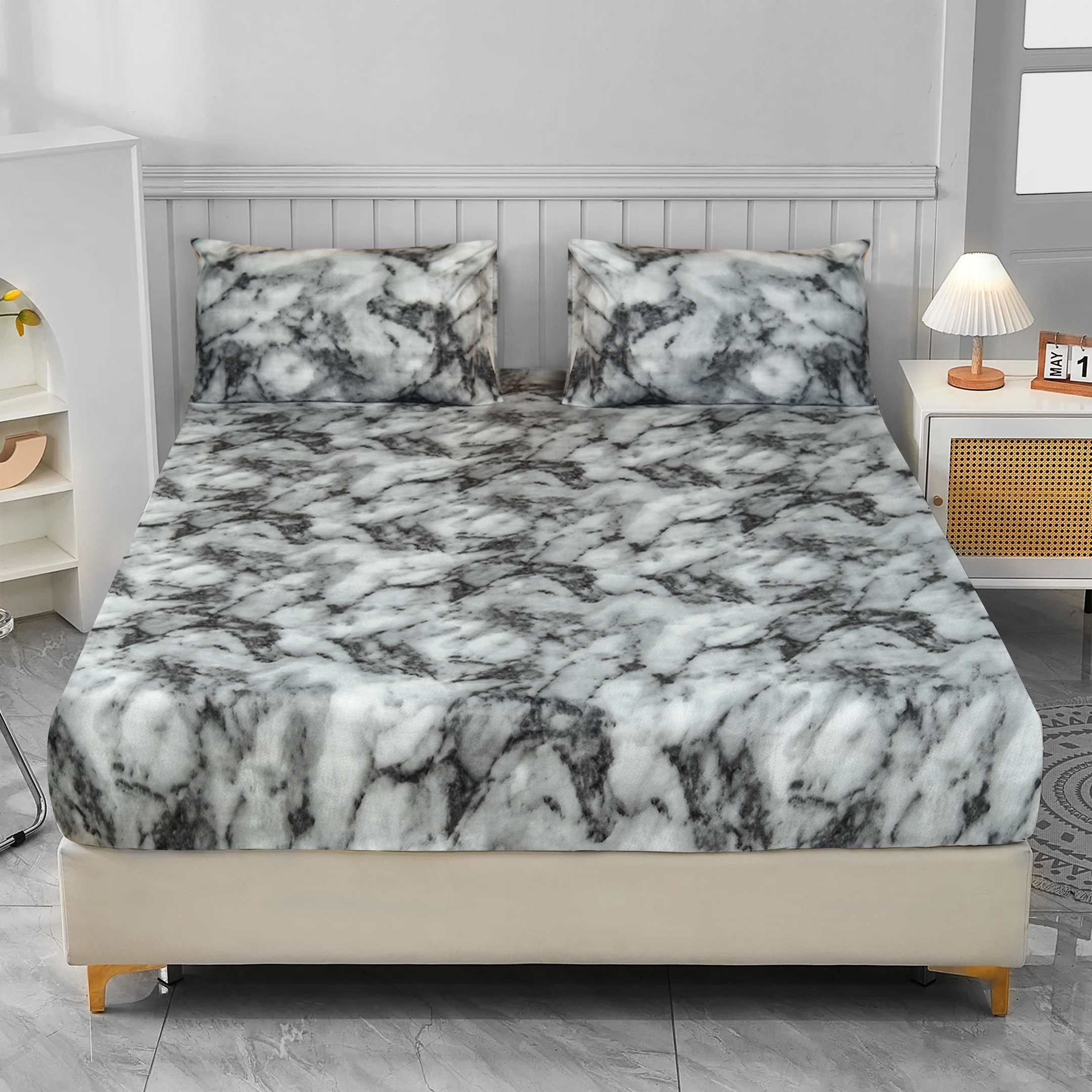 Grey N White Marble Pattern Microfiber 3-Pcs Bedsheet Set King Size