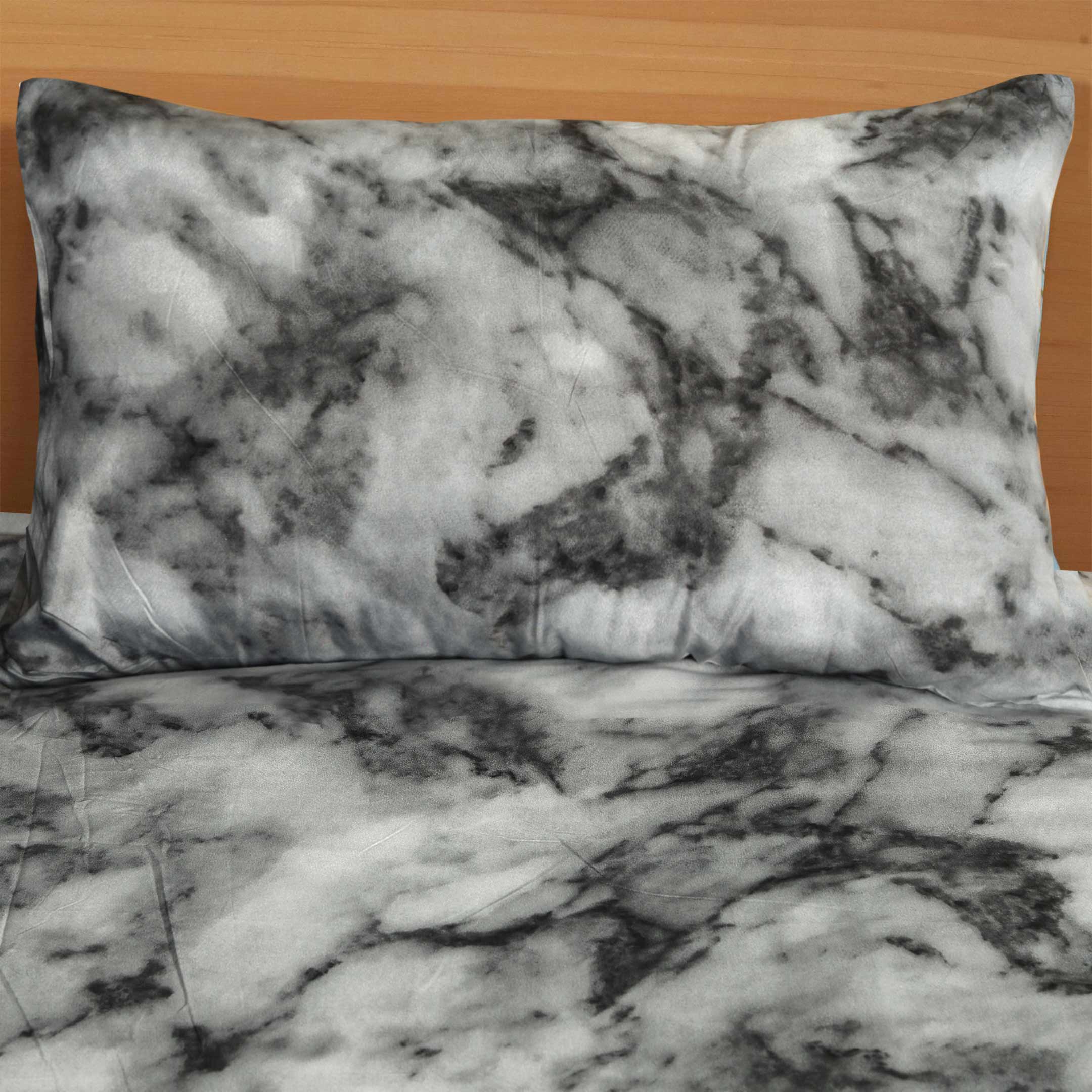 Grey N White Marble Pattern Microfiber 3-Pcs Bedsheet Set King Size