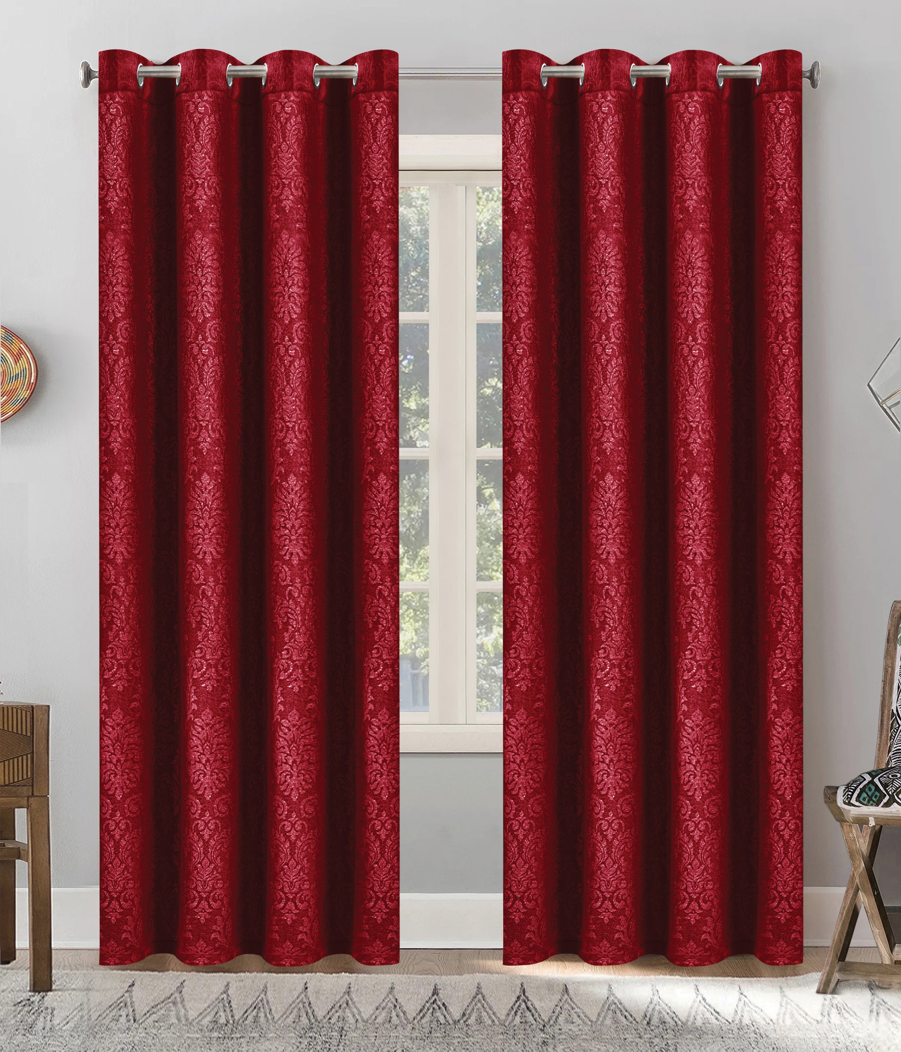 Grommet Blackout Weave Embossed Jacquard Curtain Burgundy