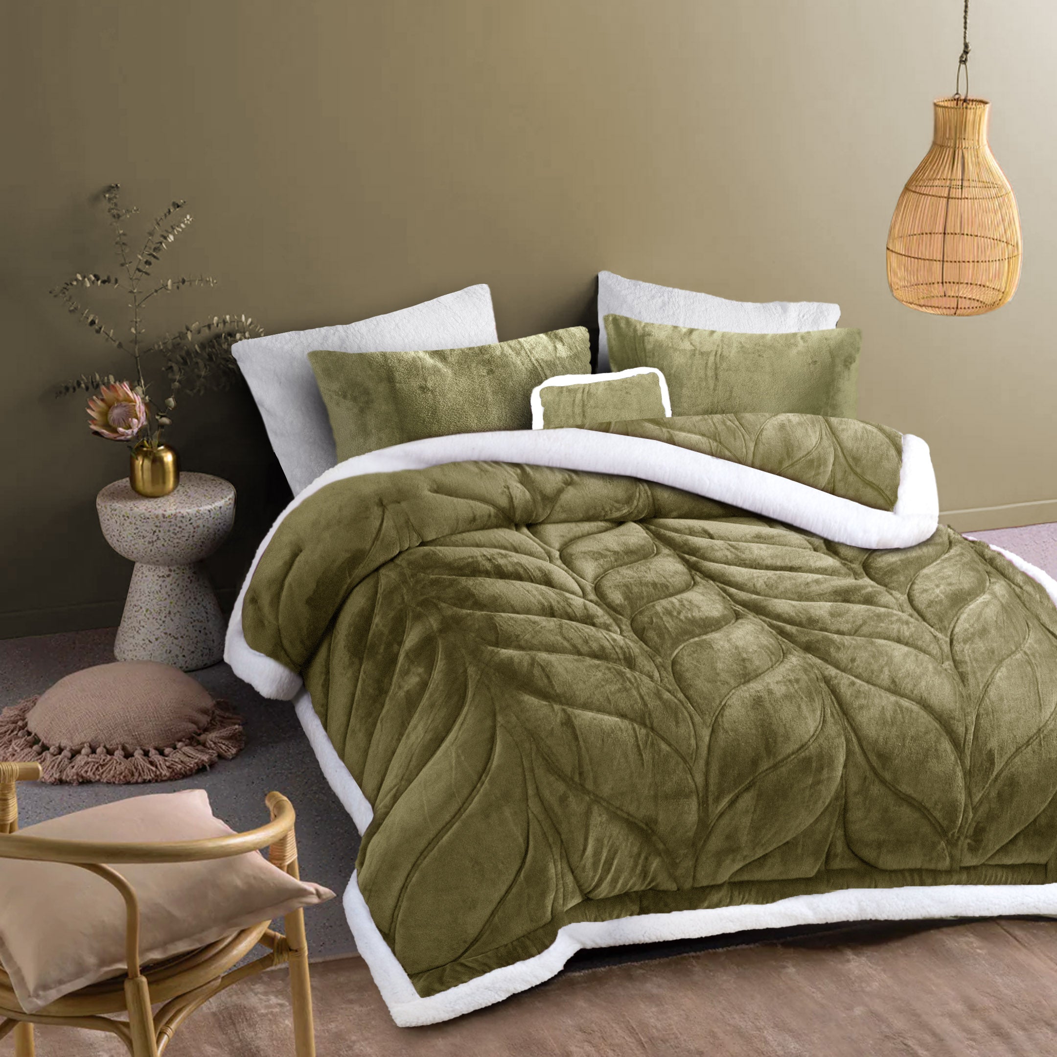 Heavy Weighted Plain Fleece & Sherpa 7pcs Bedding Set-Matcha Olive