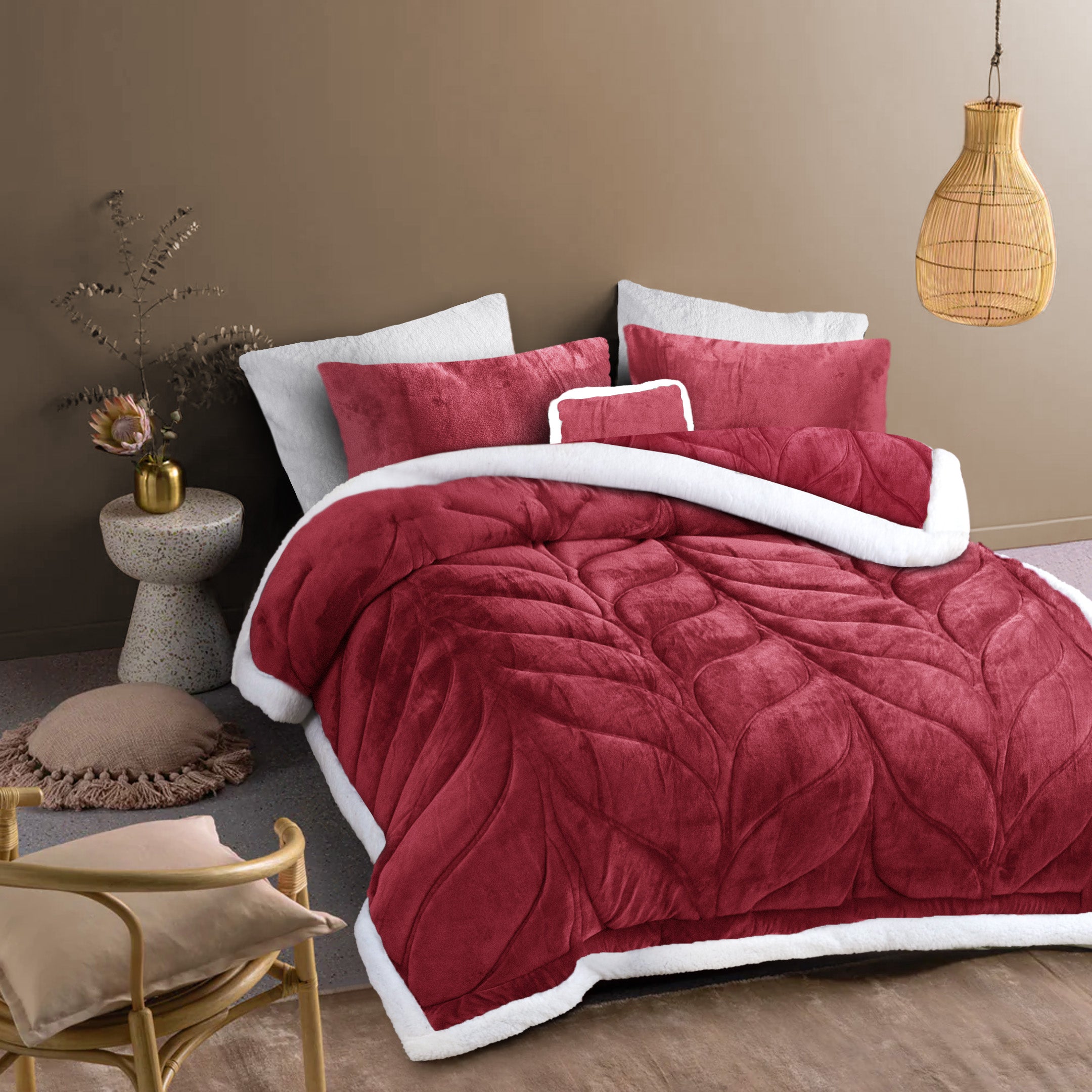 Heavy Weighted Plain Fleece & Sherpa 7pcs Bedding Set-Maroon