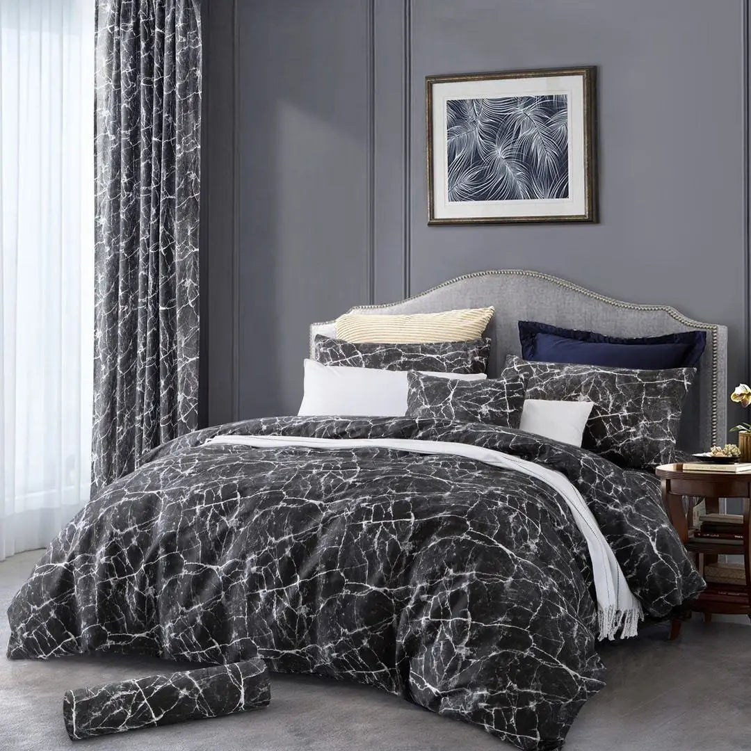 Nero Marquina Marble Design Microfiber Duvet Cover Set