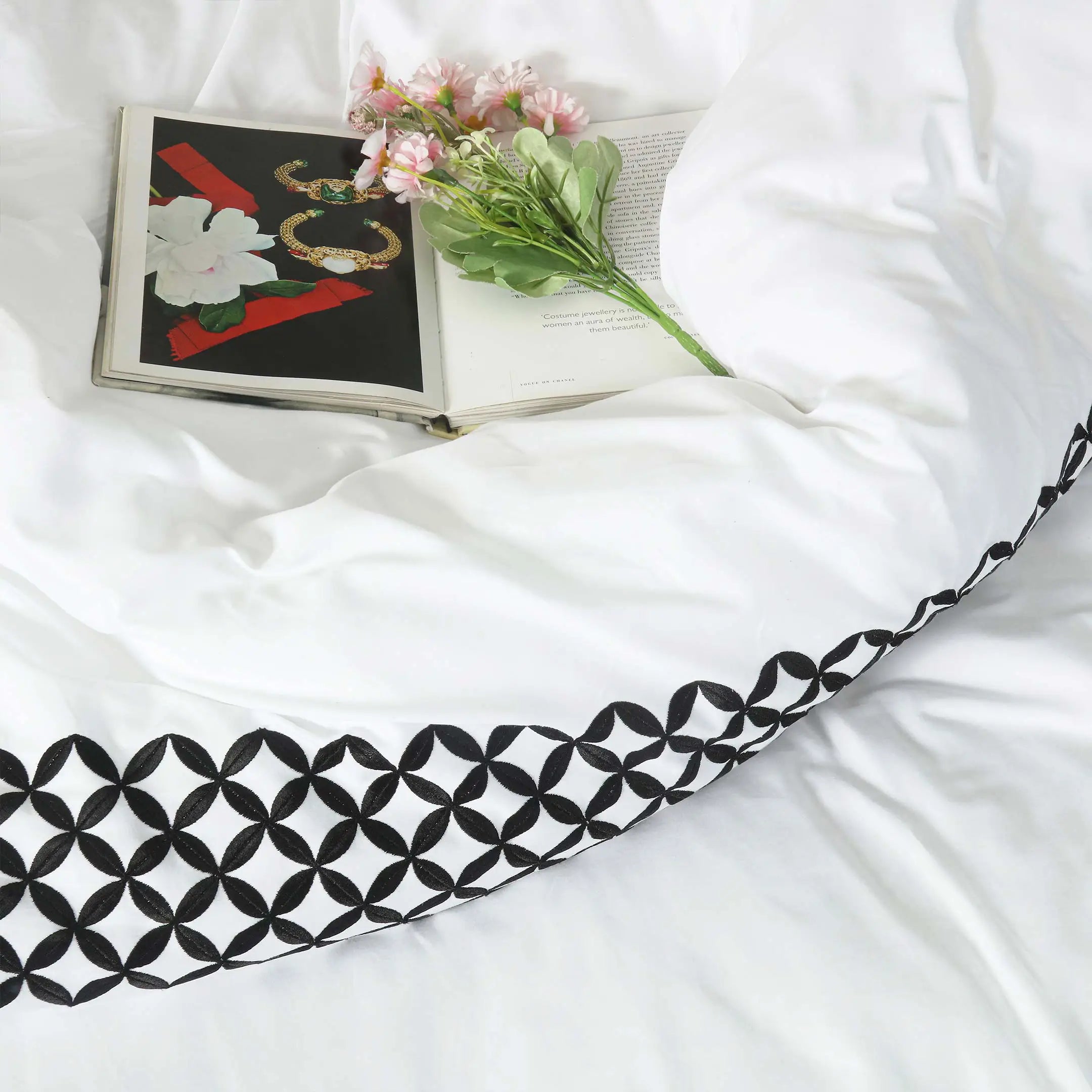 Noir Grid Elegance Embroidered Duvet Cover
