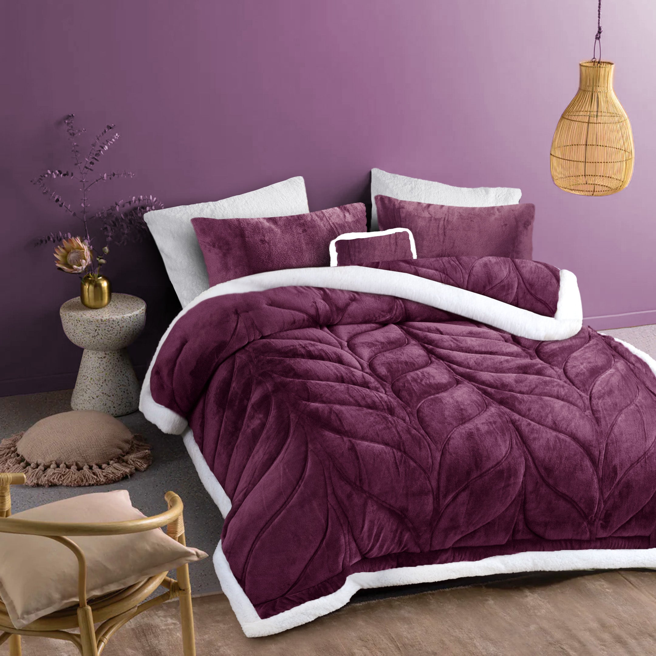 Heavy Weighted Plain Fleece & Sherpa 7pcs Bedding Set-Plum
