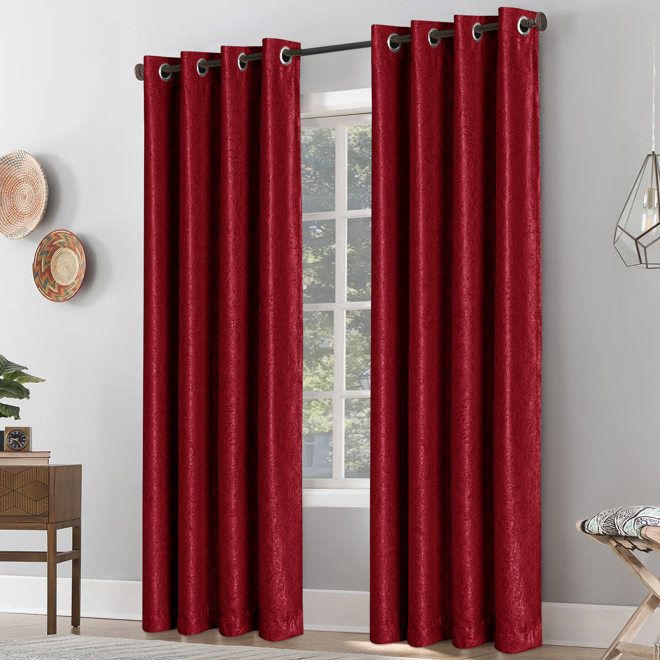 Grommet Blackout Weave Embossed Jacquard Curtain Burgundy