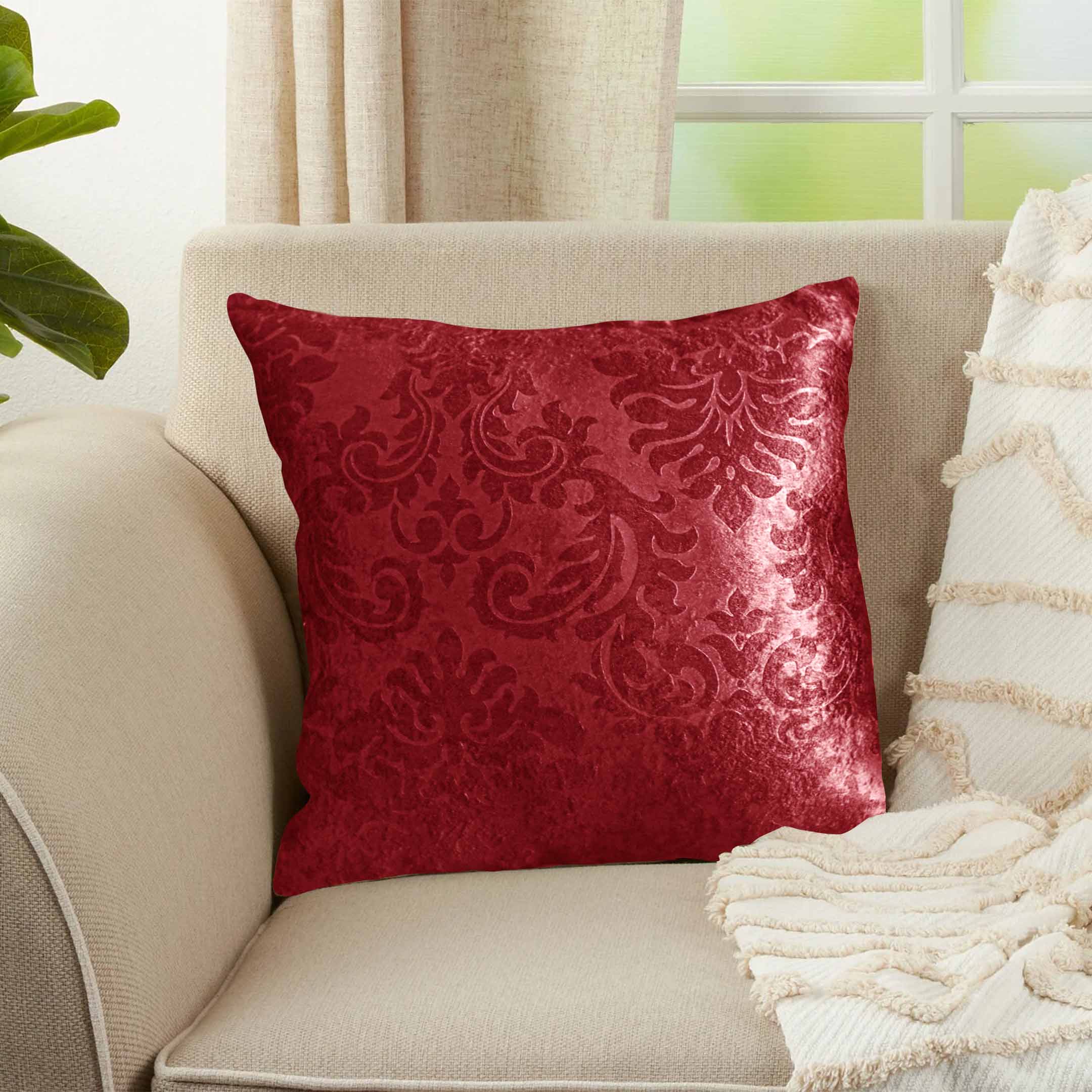 Weave Embossed Velvet Cushion Cover Burgundy