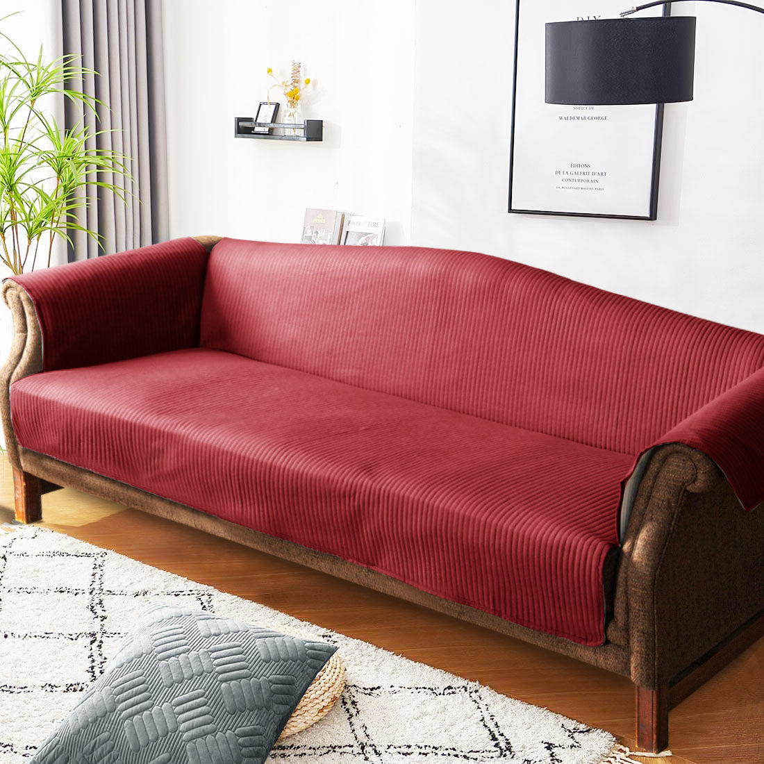 Line Embossed Ultrasonic Quilted Sofa Cover Set Burgundy