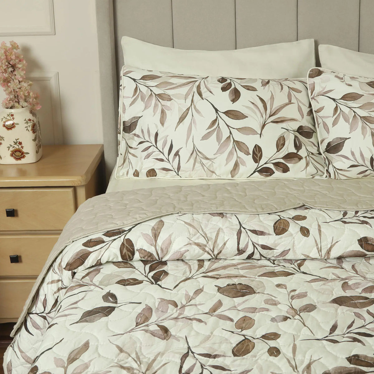Rosewood Leaves Summer Quilted Bedspread