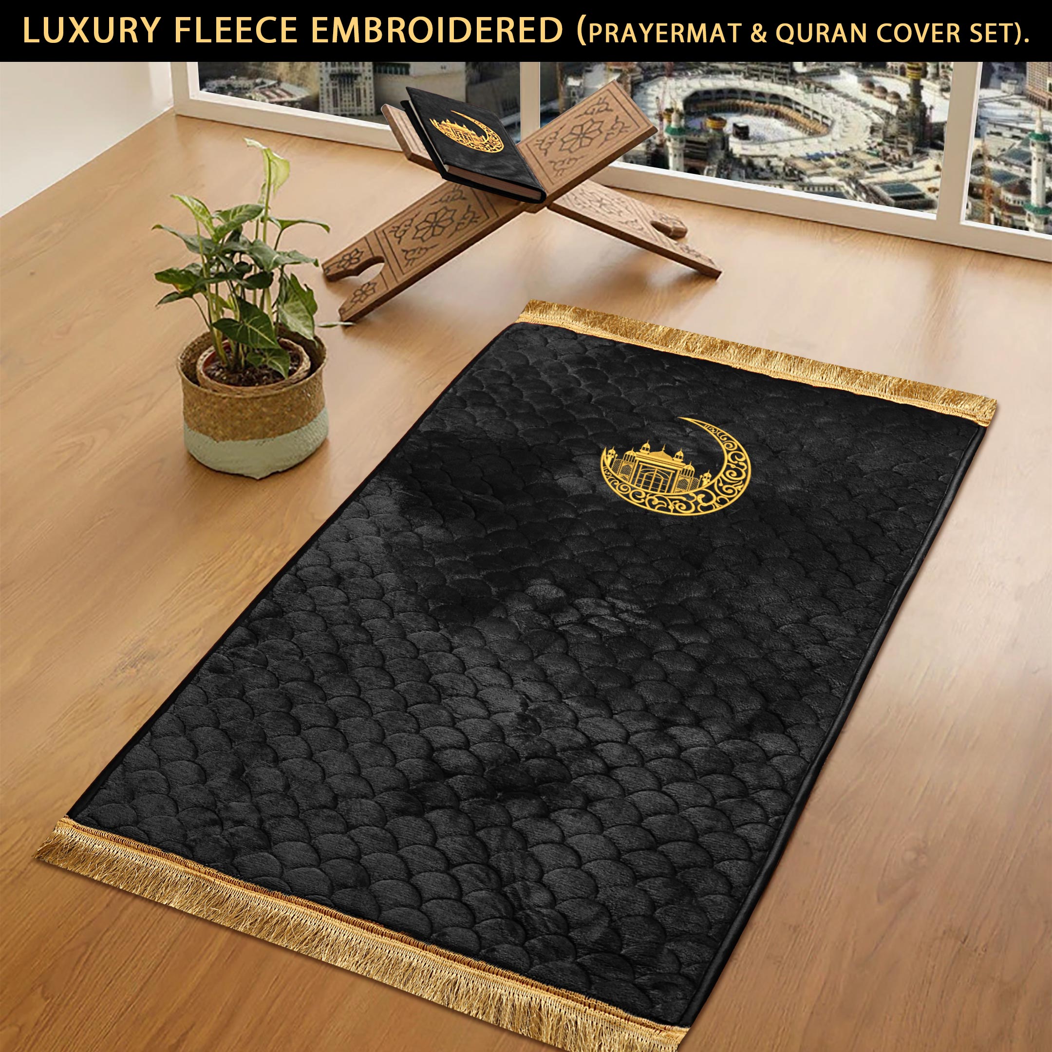 Black Seashell Quilted Moon Embroidered Fleece Padded Prayermat