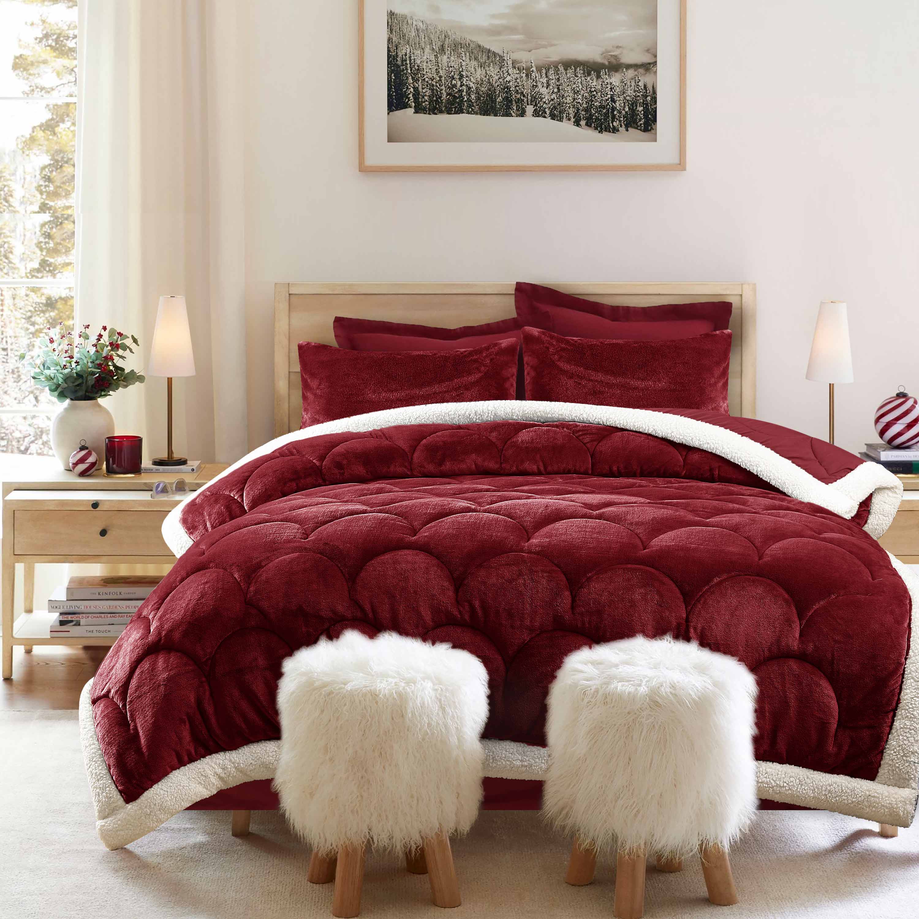 Seashell Quilted Fleece Comforter Set 6pcs Burgundy