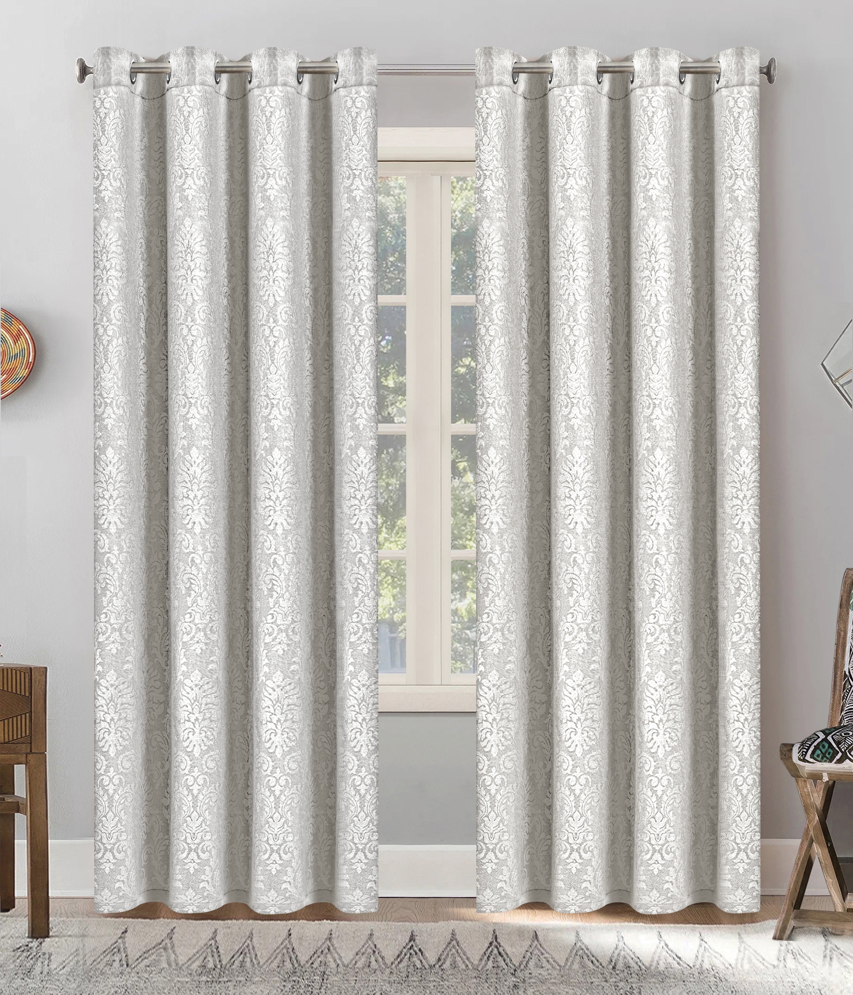 Grommet Blackout Weave Embossed Jacquard Curtain Silver