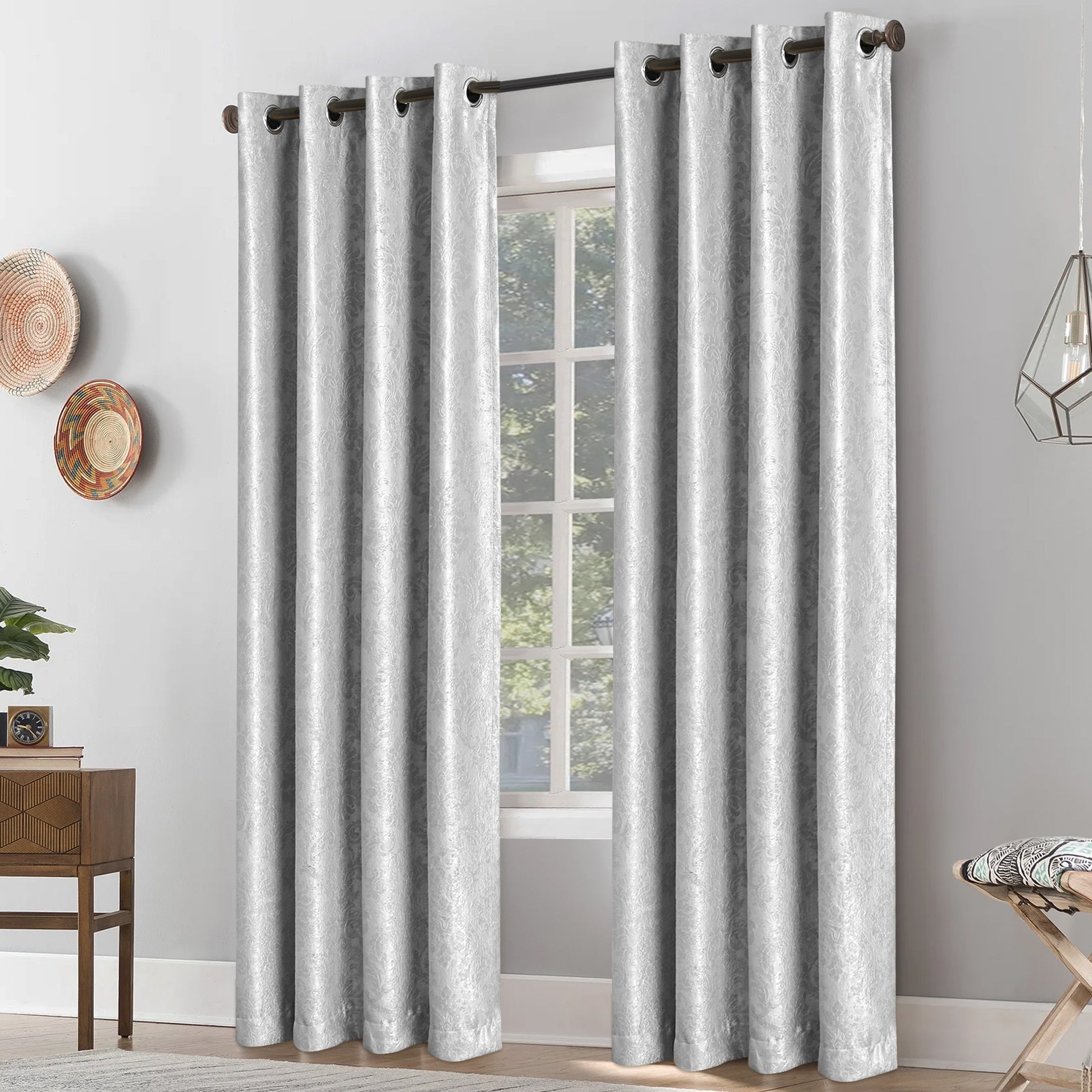 Grommet Blackout Weave Embossed Jacquard Curtain Silver