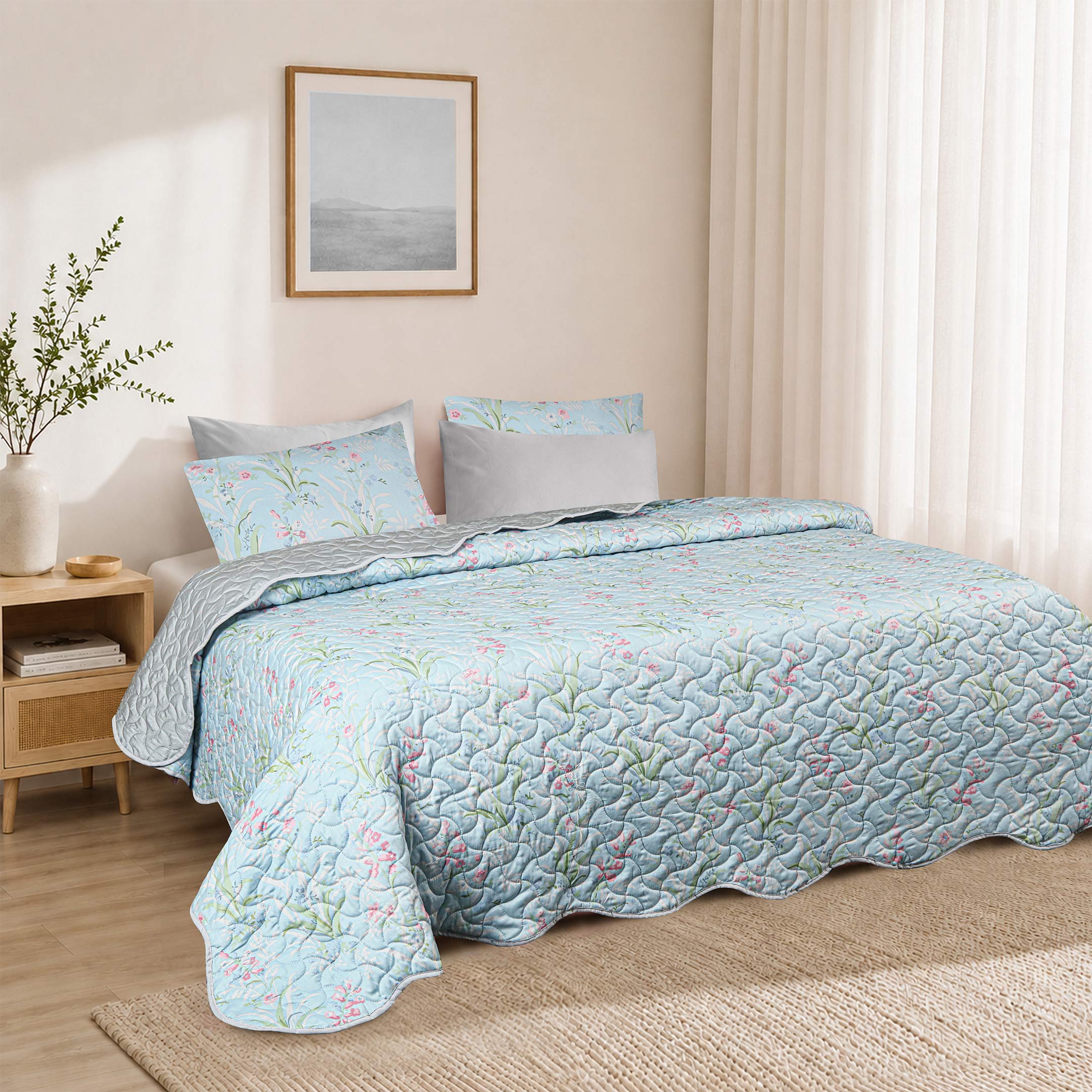 Soft Meadow Sateen Quilted Summer Bedspread 3PCS Set