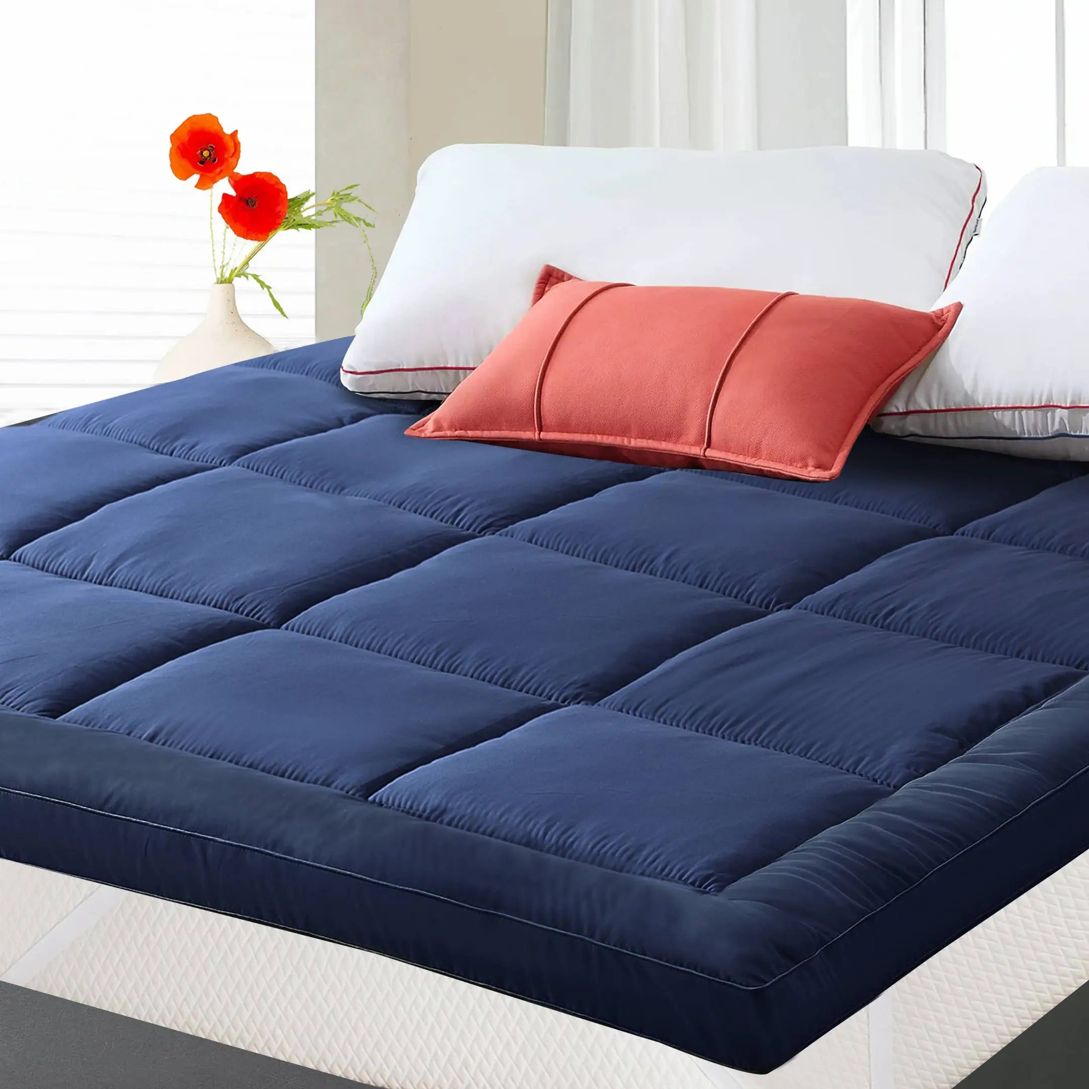 Square Quilted Mattress Topper Navy