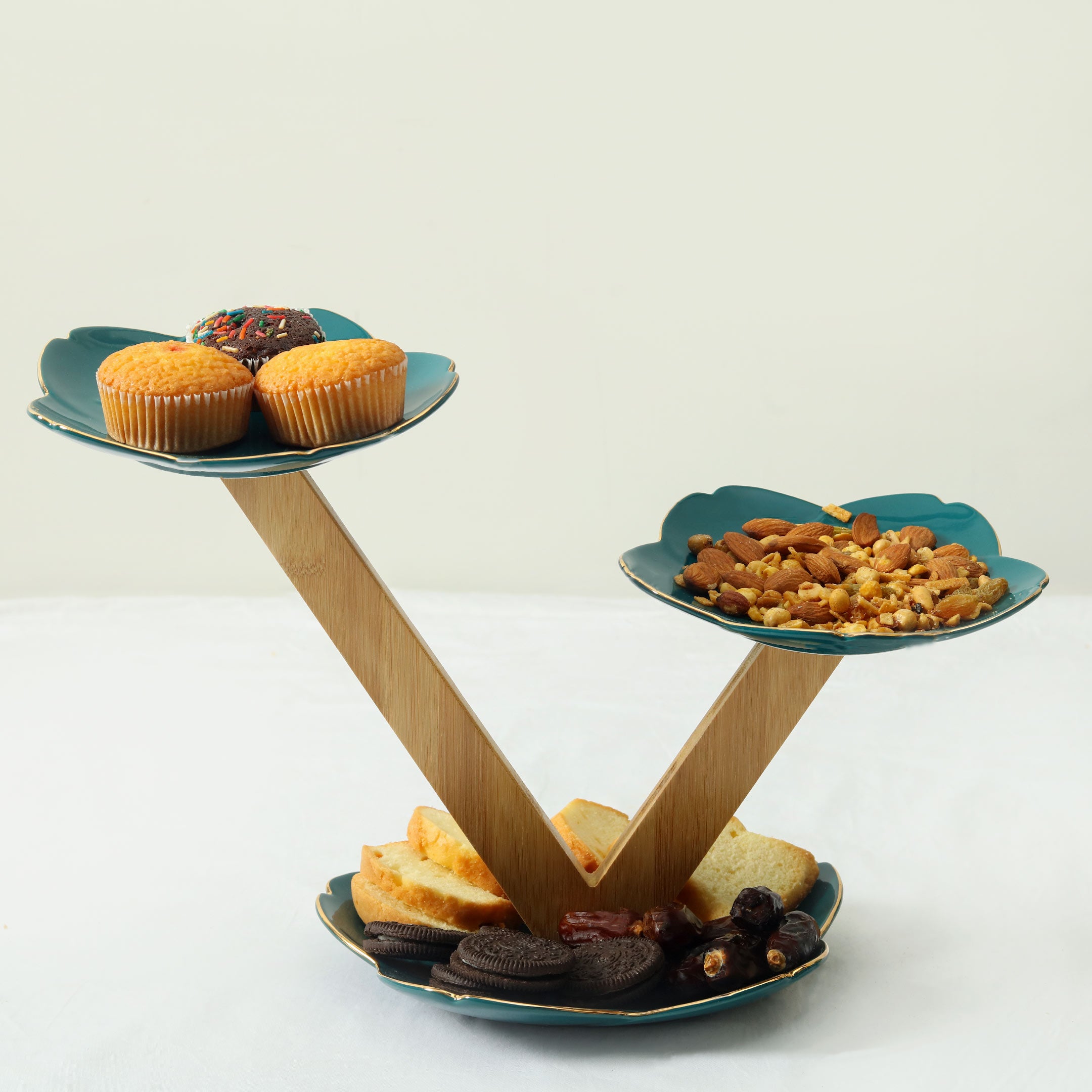 V Shape 3 Tier Floral Design Ceramic Tray