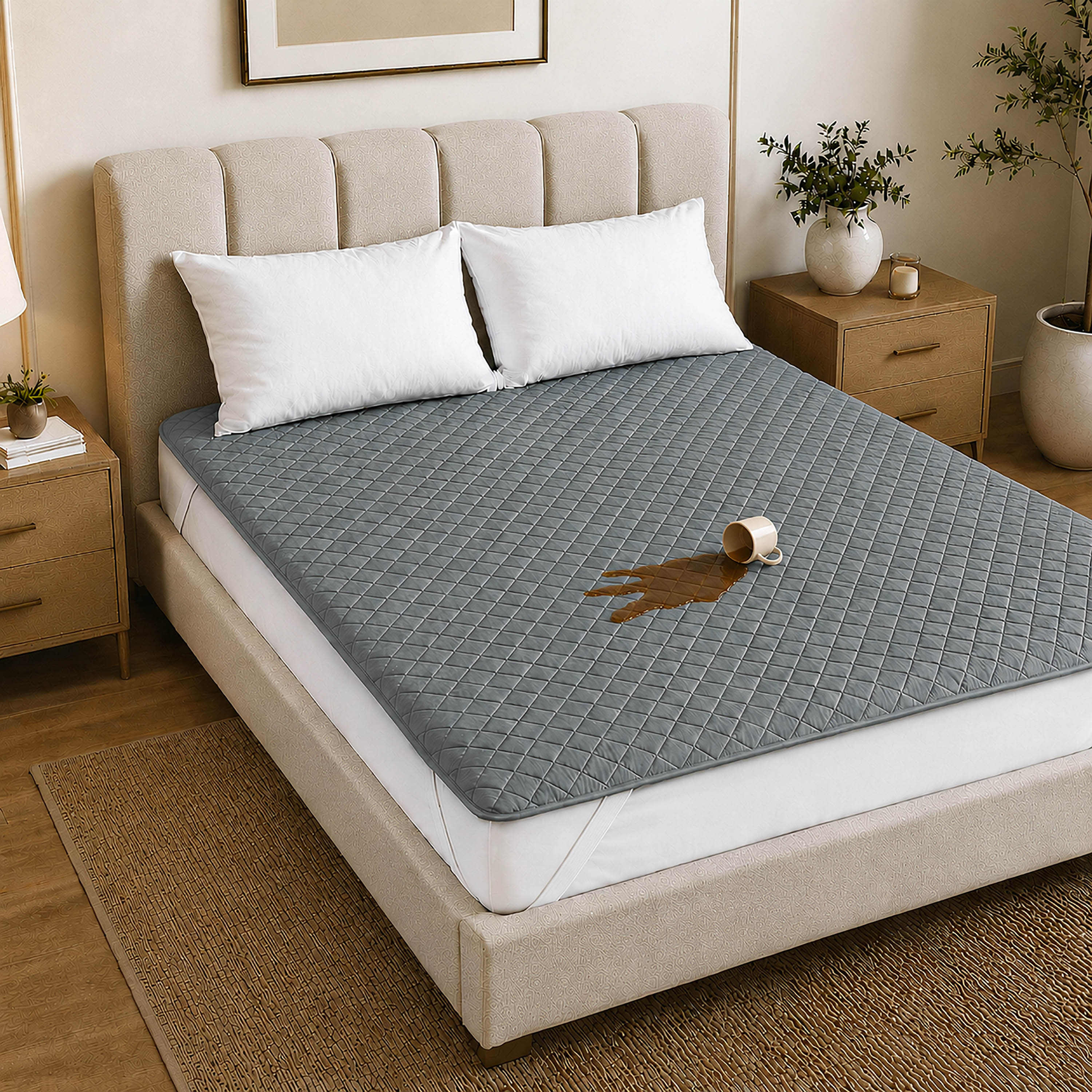 Waterproof Quilted Mattress Protectors With Elastic Strap Grey