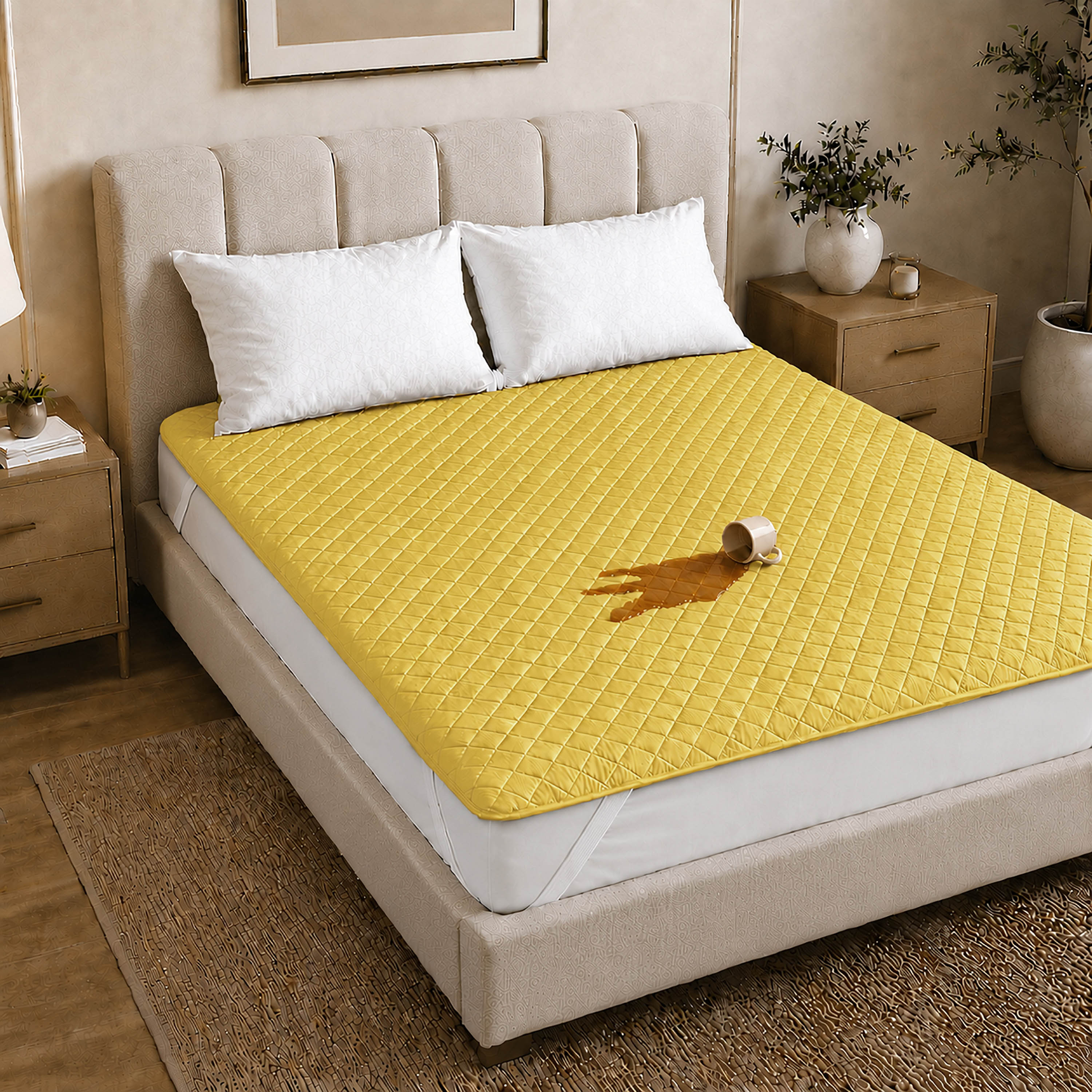 Waterproof Quilted Mattress Protectors With Elastic Strap Mustard