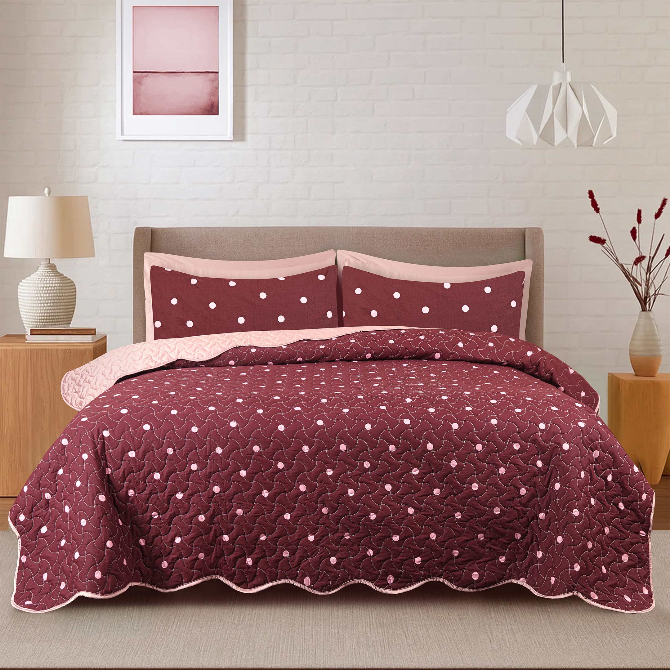 Blush Polka Quilted Summer Bedspread 3PCS Set