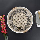 White Floral Design Round Wooden Serving Tray