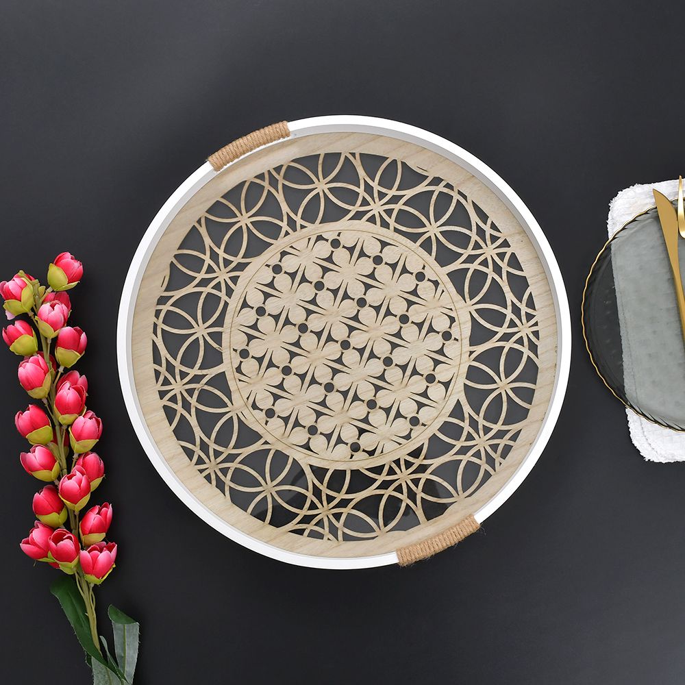 Pair of Mosaic Style Round Wooden Serving Tray