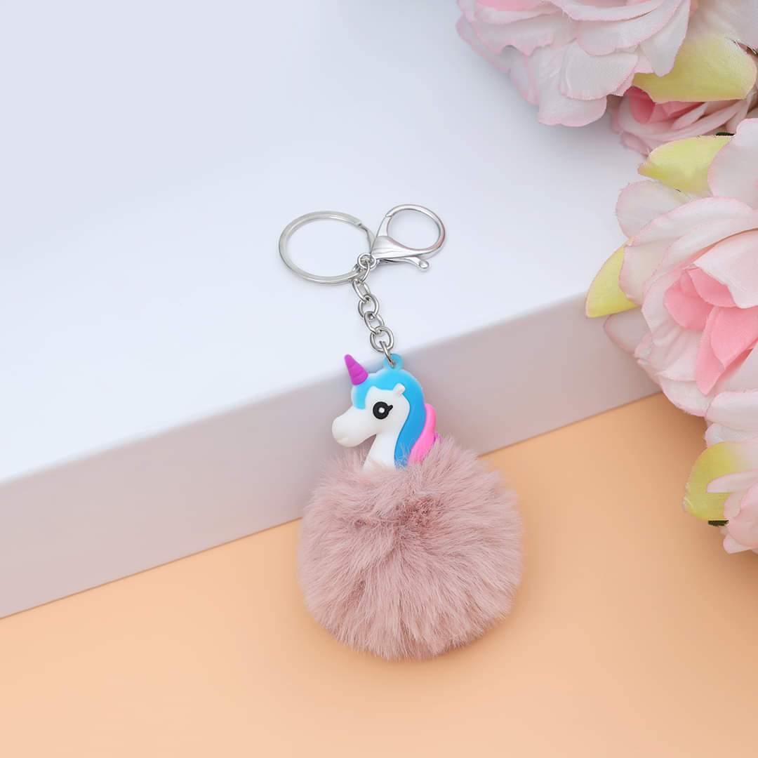 Sea Horse Character Fluffy Ball hanging Keychain (Any Random Color)