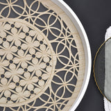 White Floral Design Round Wooden Serving Tray