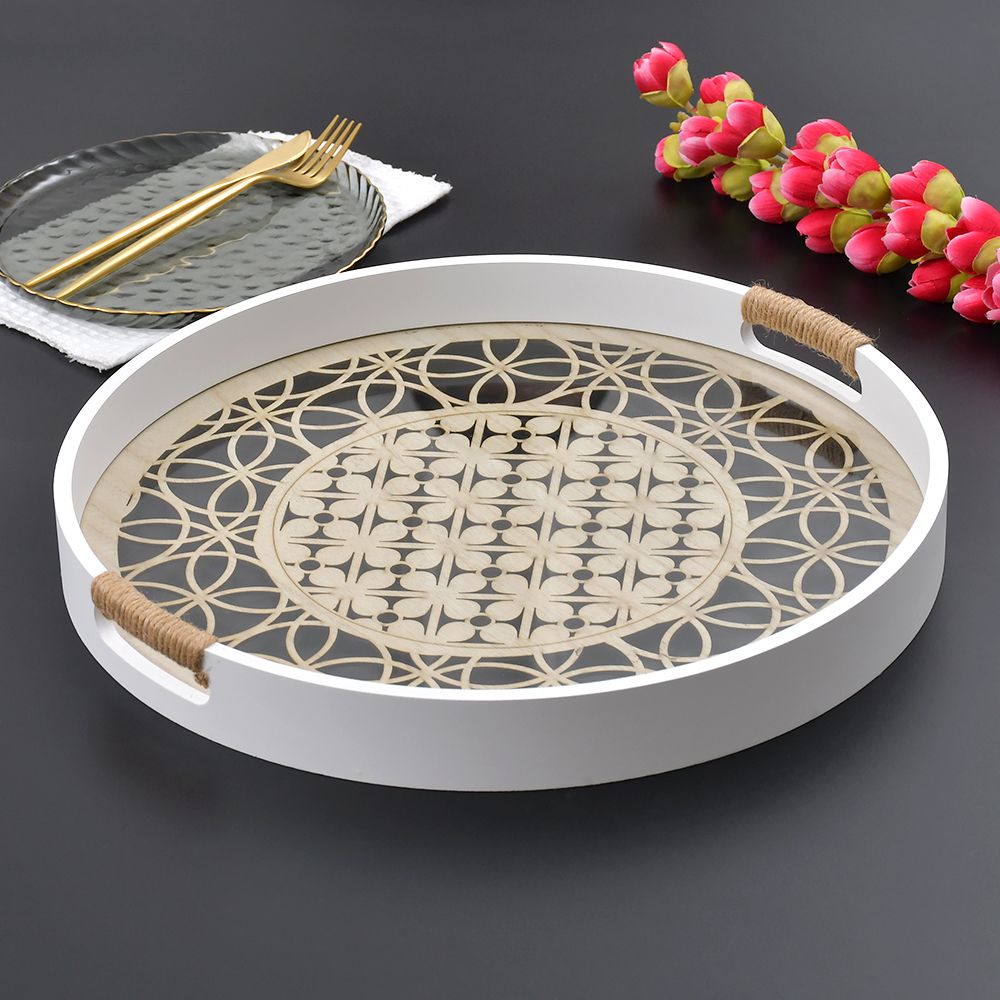 Pair of Mosaic Style Round Wooden Serving Tray