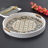 White Floral Design Round Wooden Serving Tray