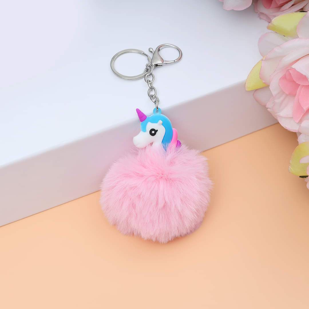 Sea Horse Character Fluffy Ball hanging Keychain (Any Random Color)