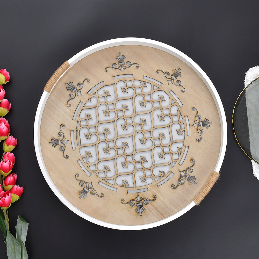 White Floral Design Round Wooden Serving Tray Large