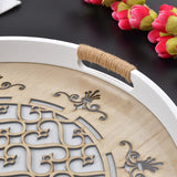 White Floral Design Round Wooden Serving Tray Large