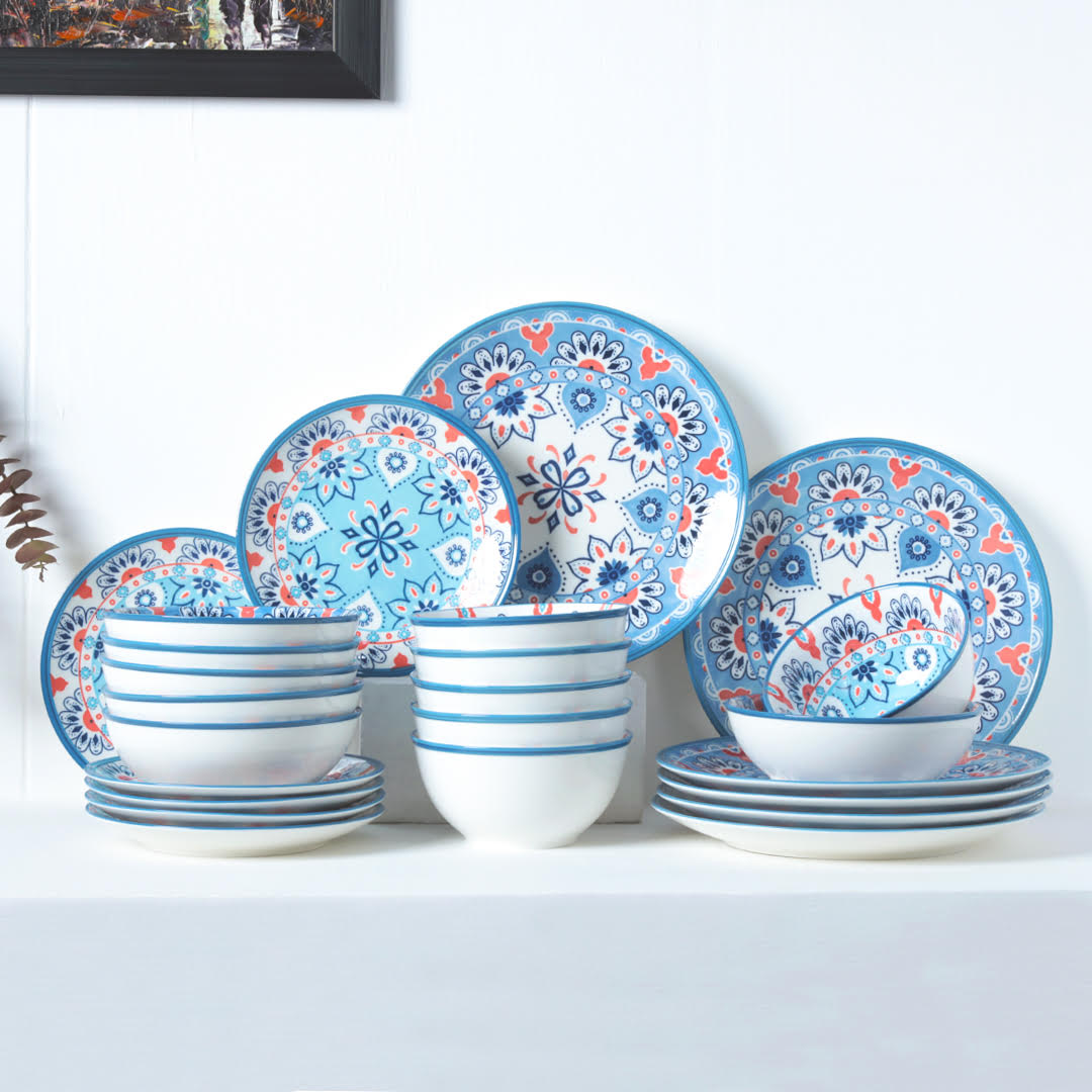 Turquoise Accent Floral Ceramic Dinner Set-24 Pcs