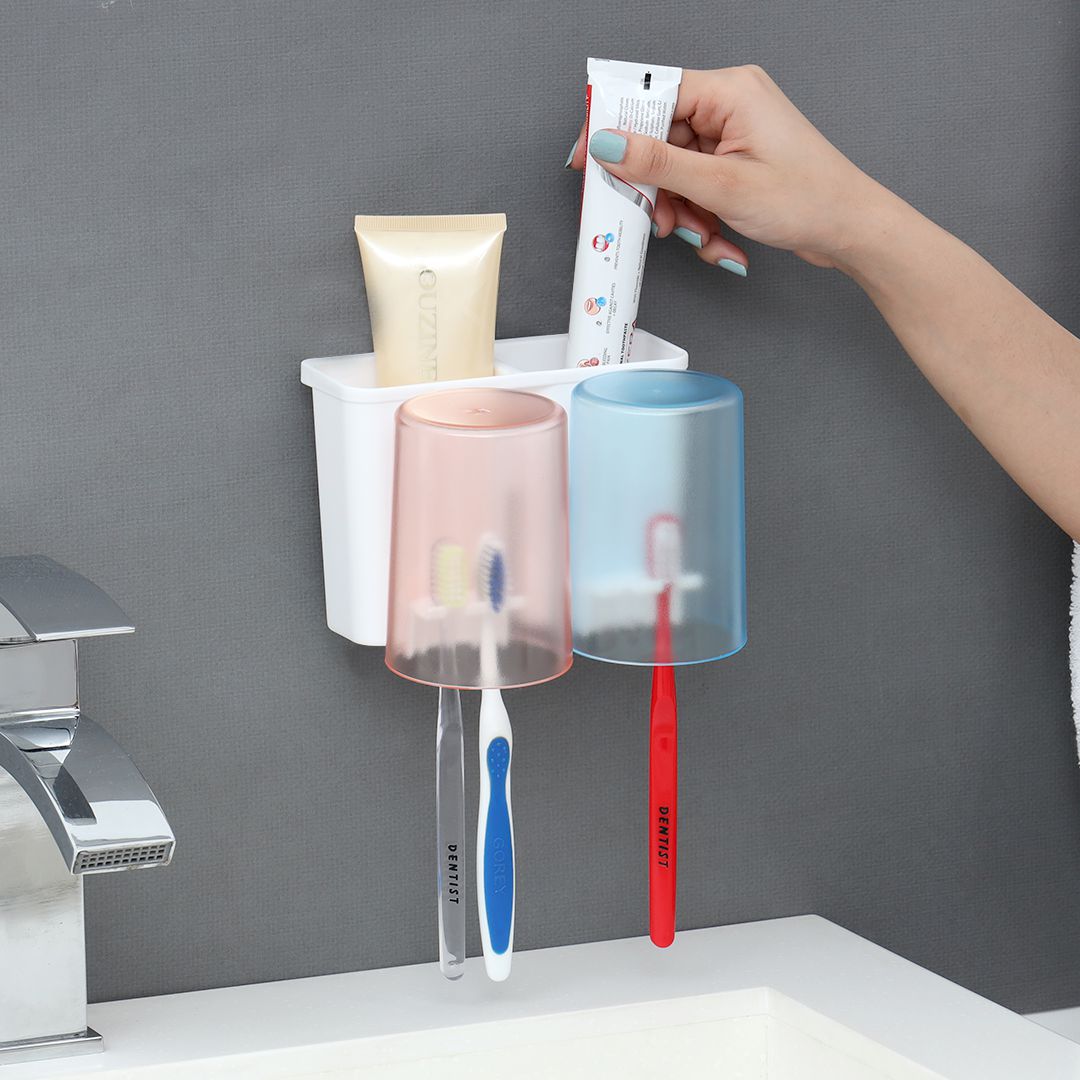 Korean Wall Mount Shine Plastic Toothbrush 2 Section Caddy