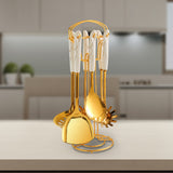 Luxury Golden Stainless Steel Utensil Set with Marblene Pattern Handles-7 Pcs